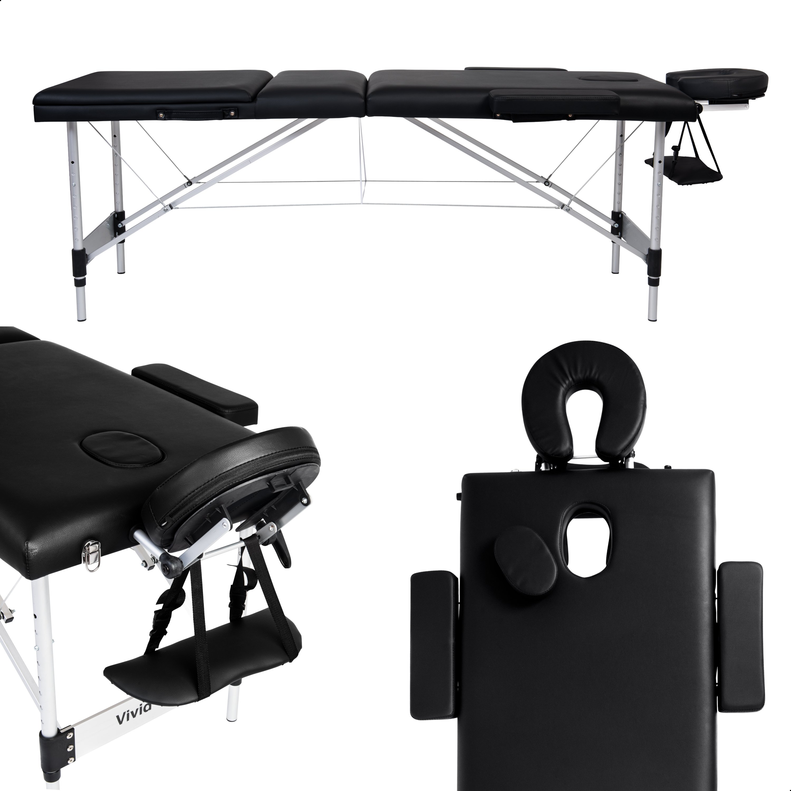 Black massage table with adjustable headrest and armrests on a white background.