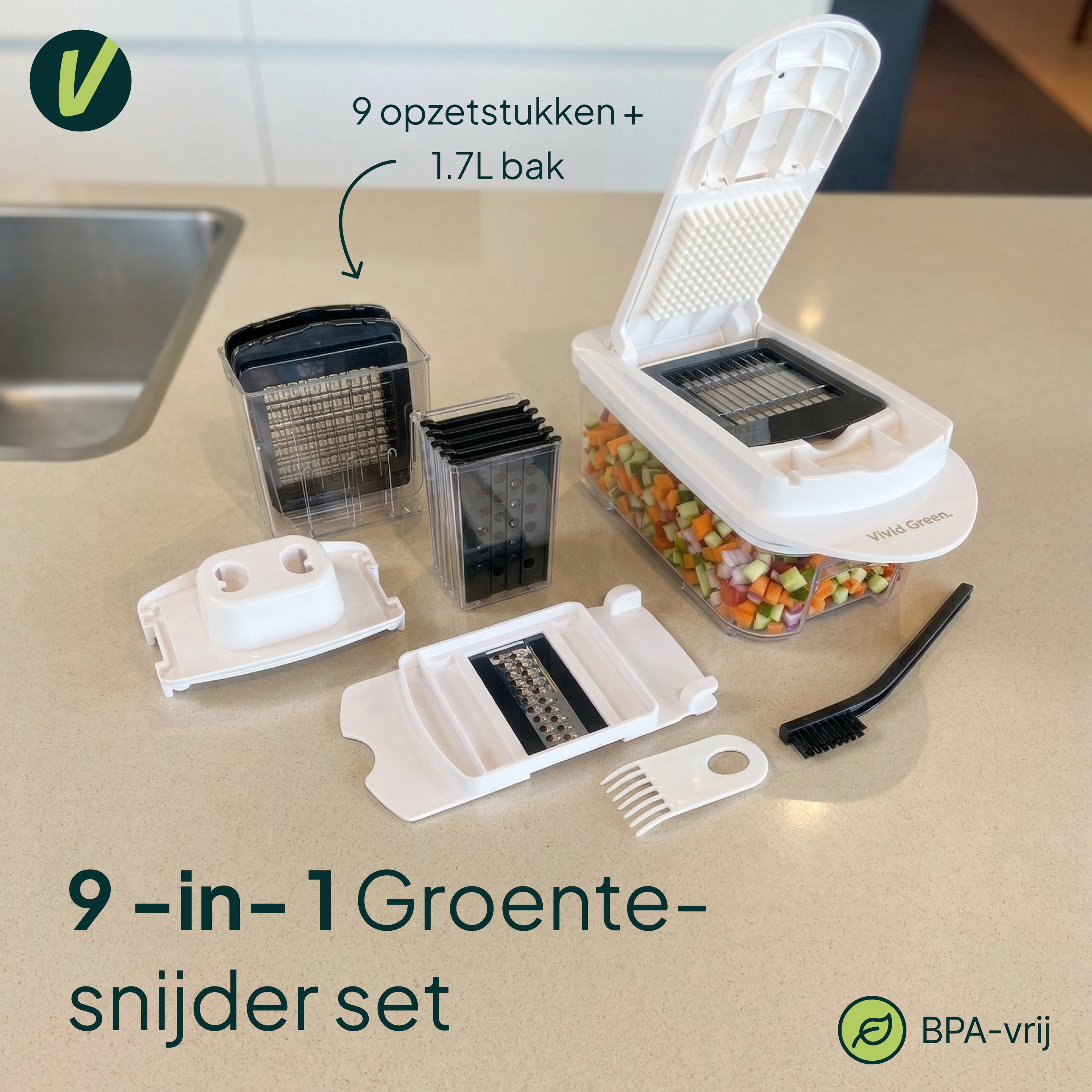 A 9-in-1 vegetable chopper set with attachments and a 1.7L container.