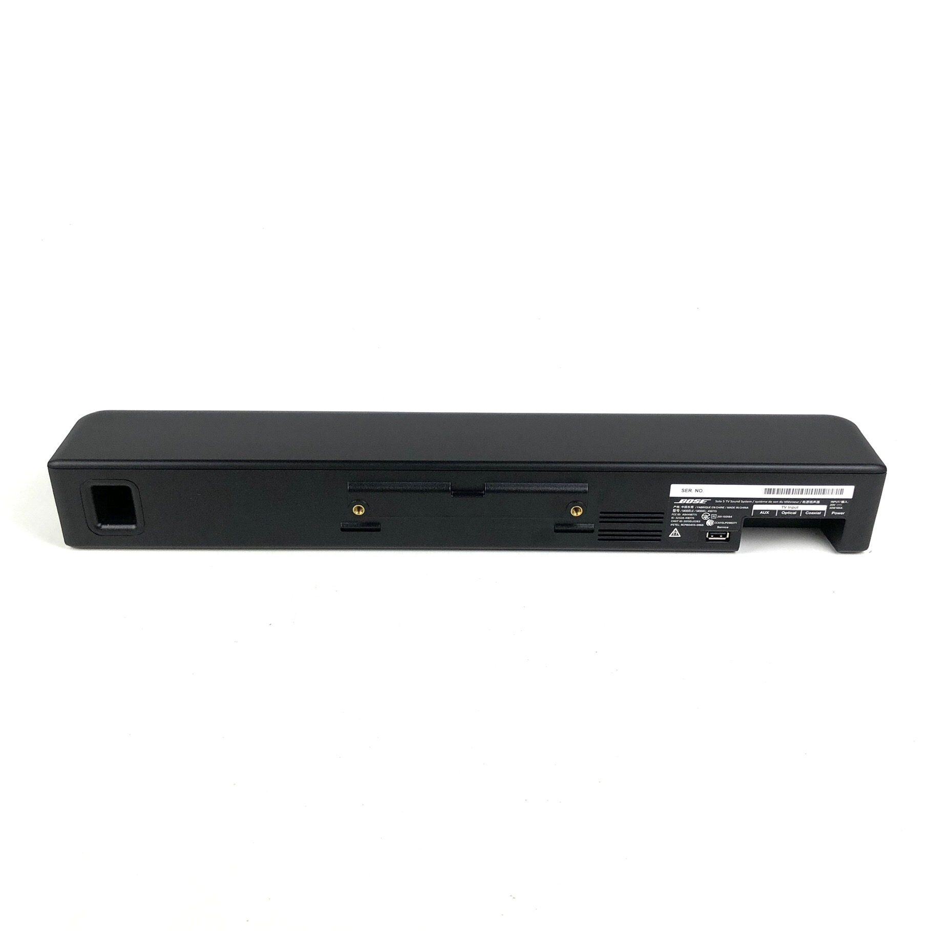 Schwarze Bose Solo 5 Soundbar mit Anschlüssen und Beschriftung.