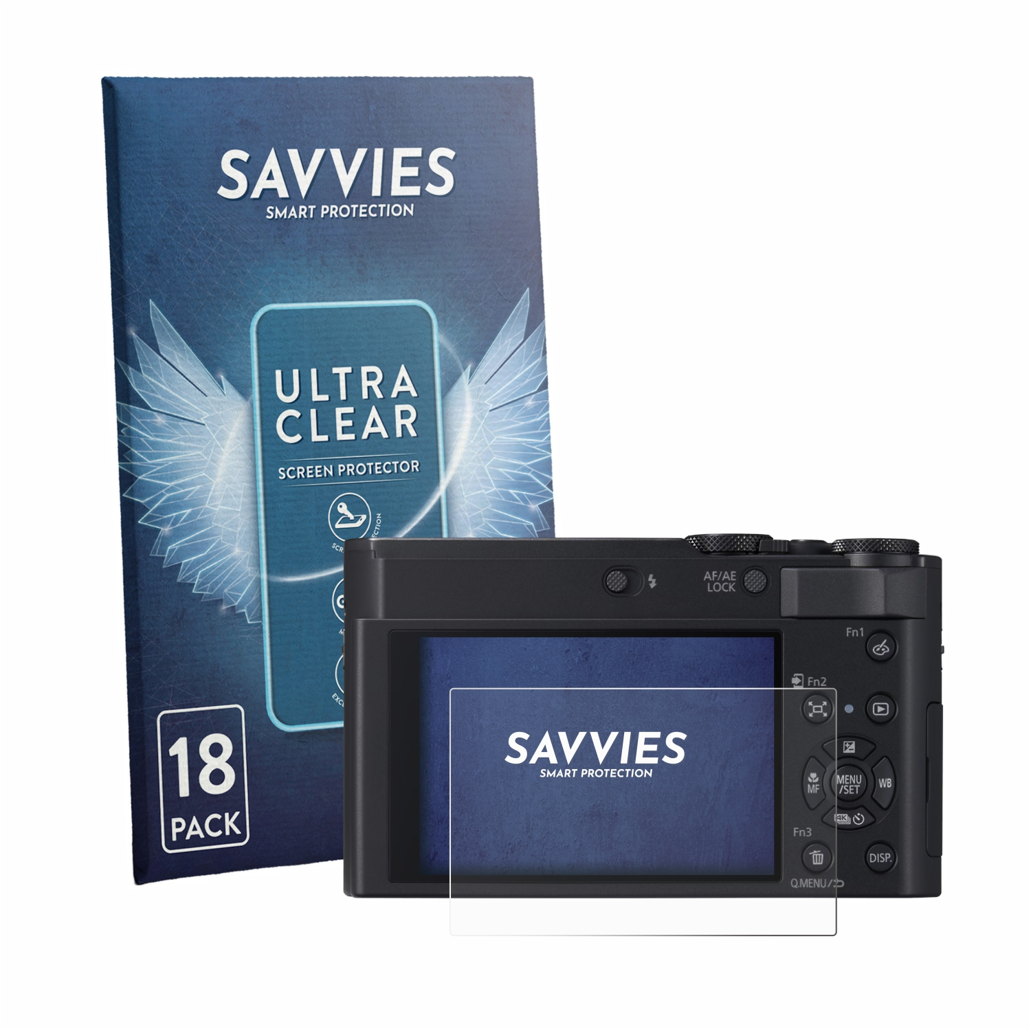 Verpackung von Savvies Displayschutzfolien neben einer Kamera.