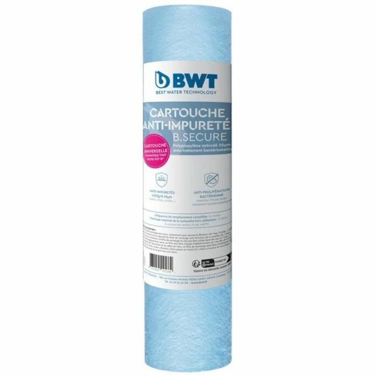 Blauer Wasserfilterkartusche von BWT mit Beschriftung.