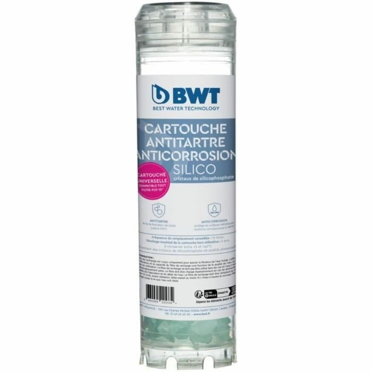 BWT Wasserfilterkartusche mit Silicophosphat-Kristallen gegen Kalk und Korrosion.