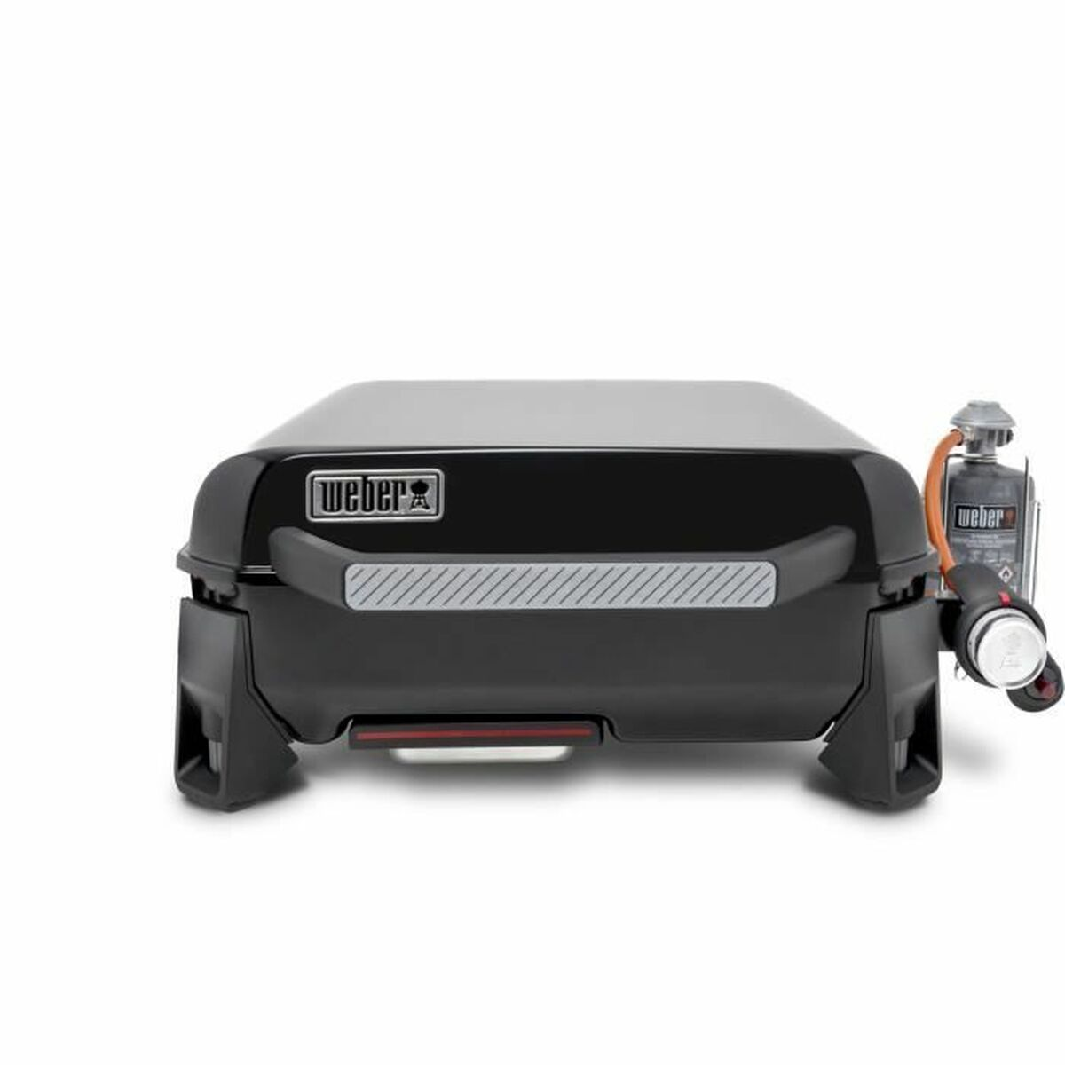 Een zwarte Weber draagbare grill met een gasklep bevestigd. Het heeft een zilveren handvat en het Weber logo.
