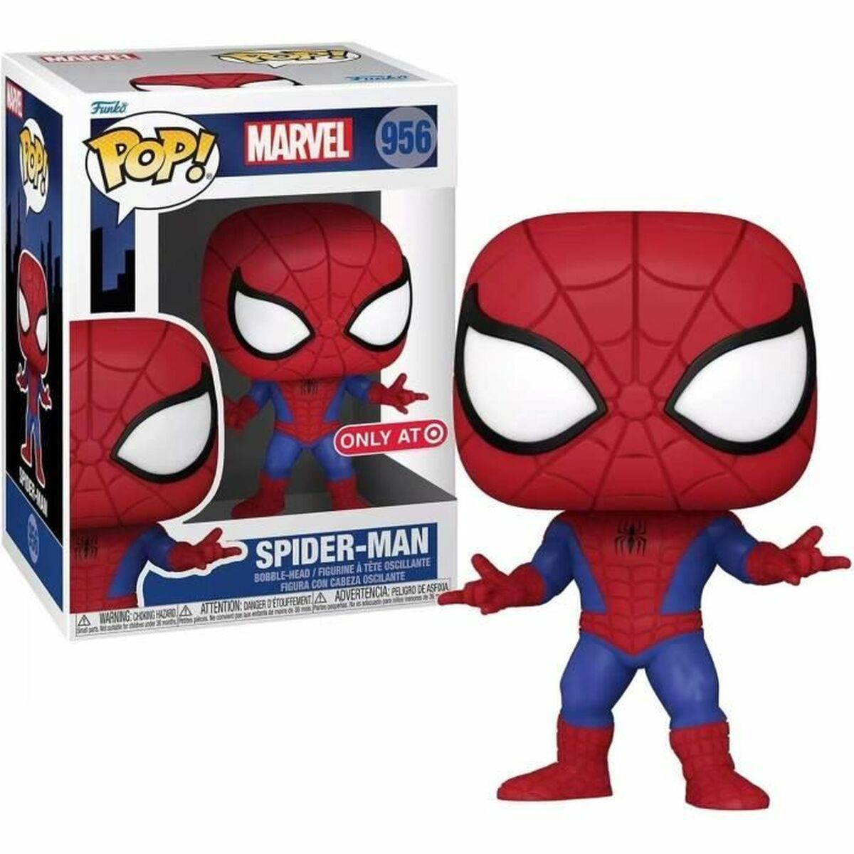 Action figure Funko Pop! di Spider-Man in tuta rossa e blu con emblema ragno.