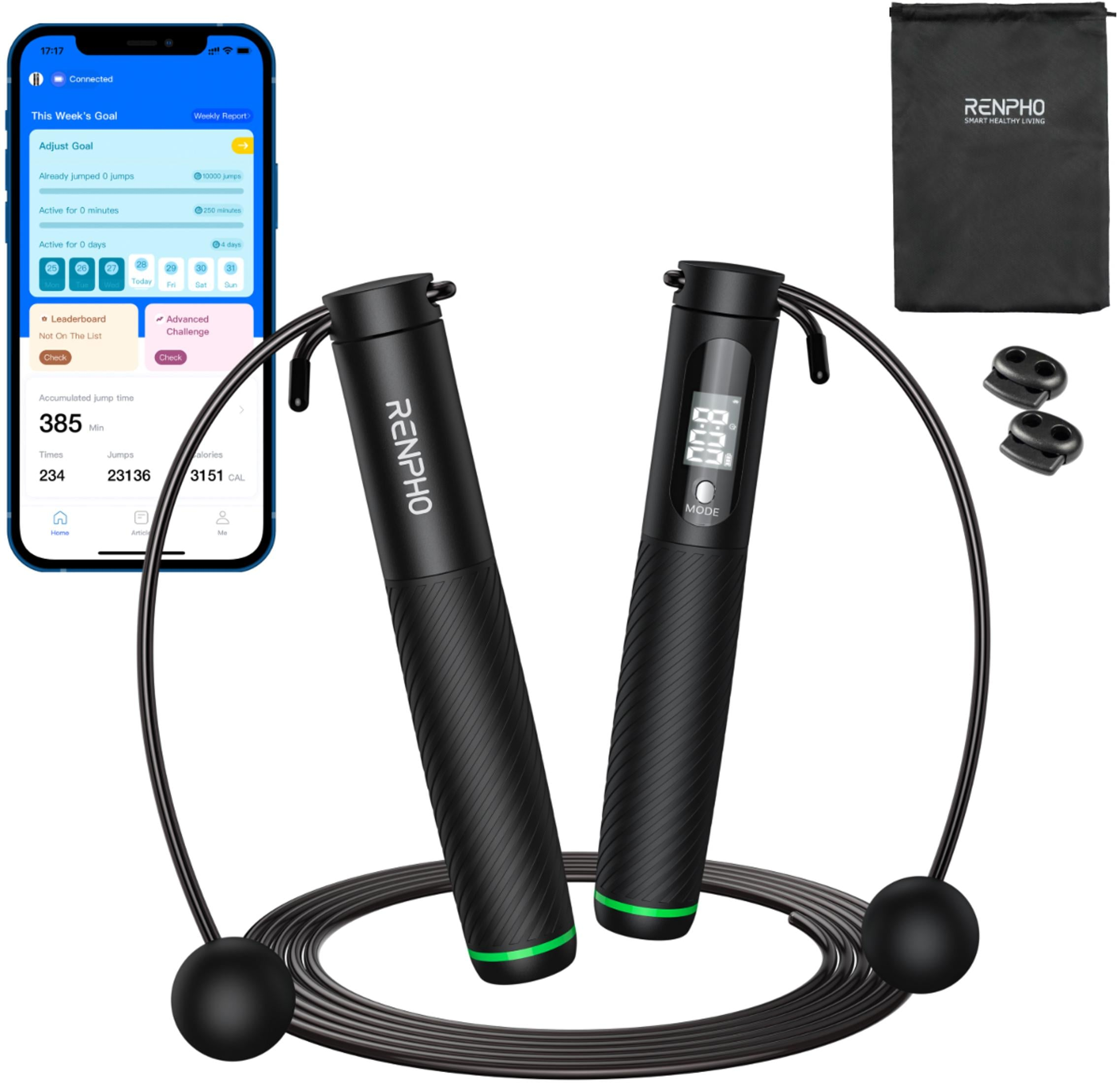 Ein schwarzes Springseil mit digitaler Anzeige, daneben eine App auf einem Smartphone.