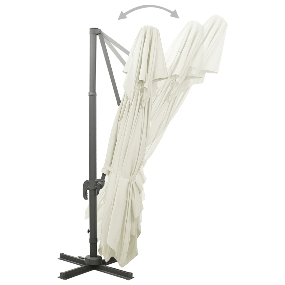 Un ombrellone color crema con supporto in metallo scuro, mostrato piegato.