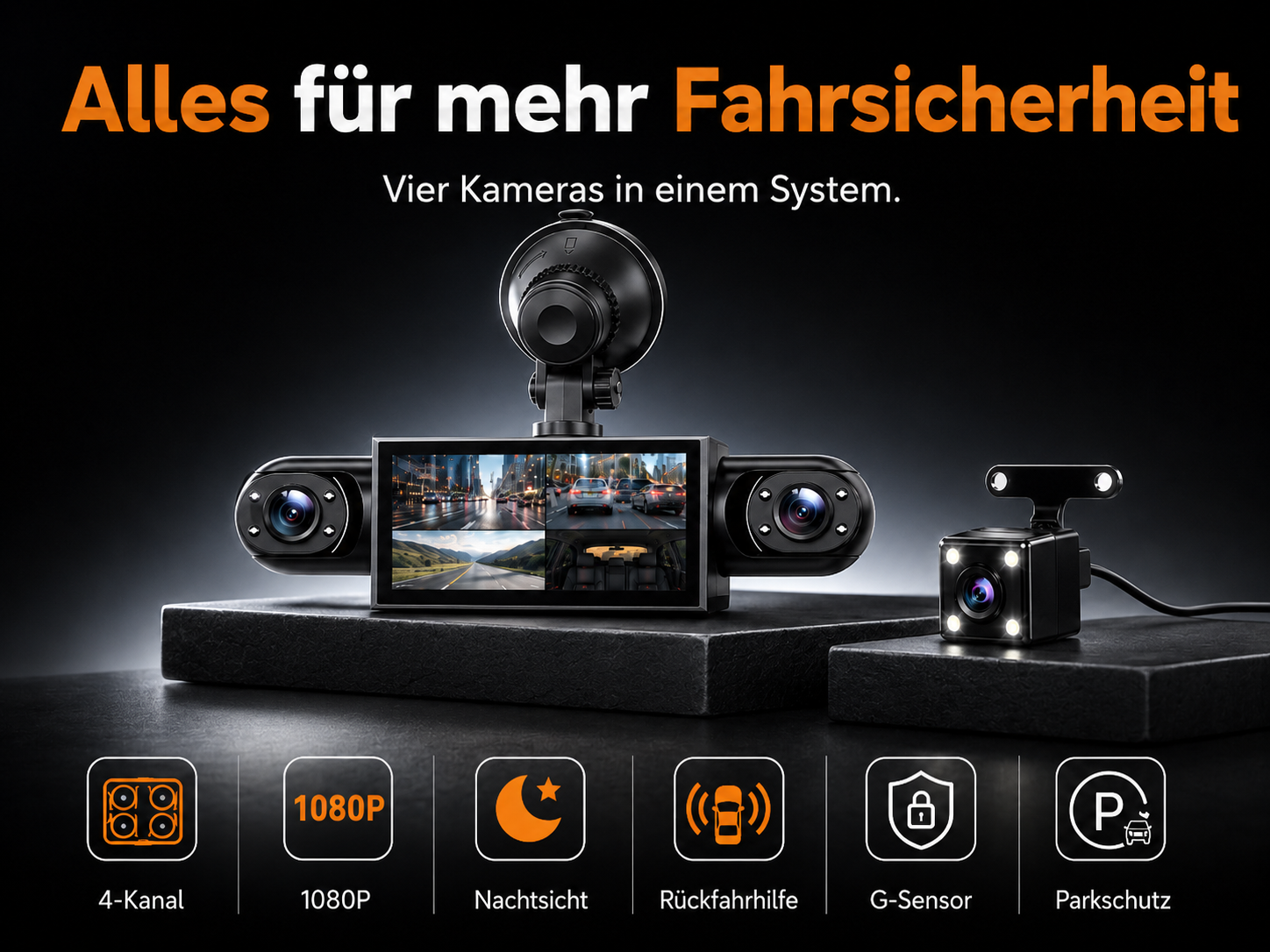 Vier Kameras für mehr Fahrsicherheit: 1080P, Nachtsicht, G-Sensor.