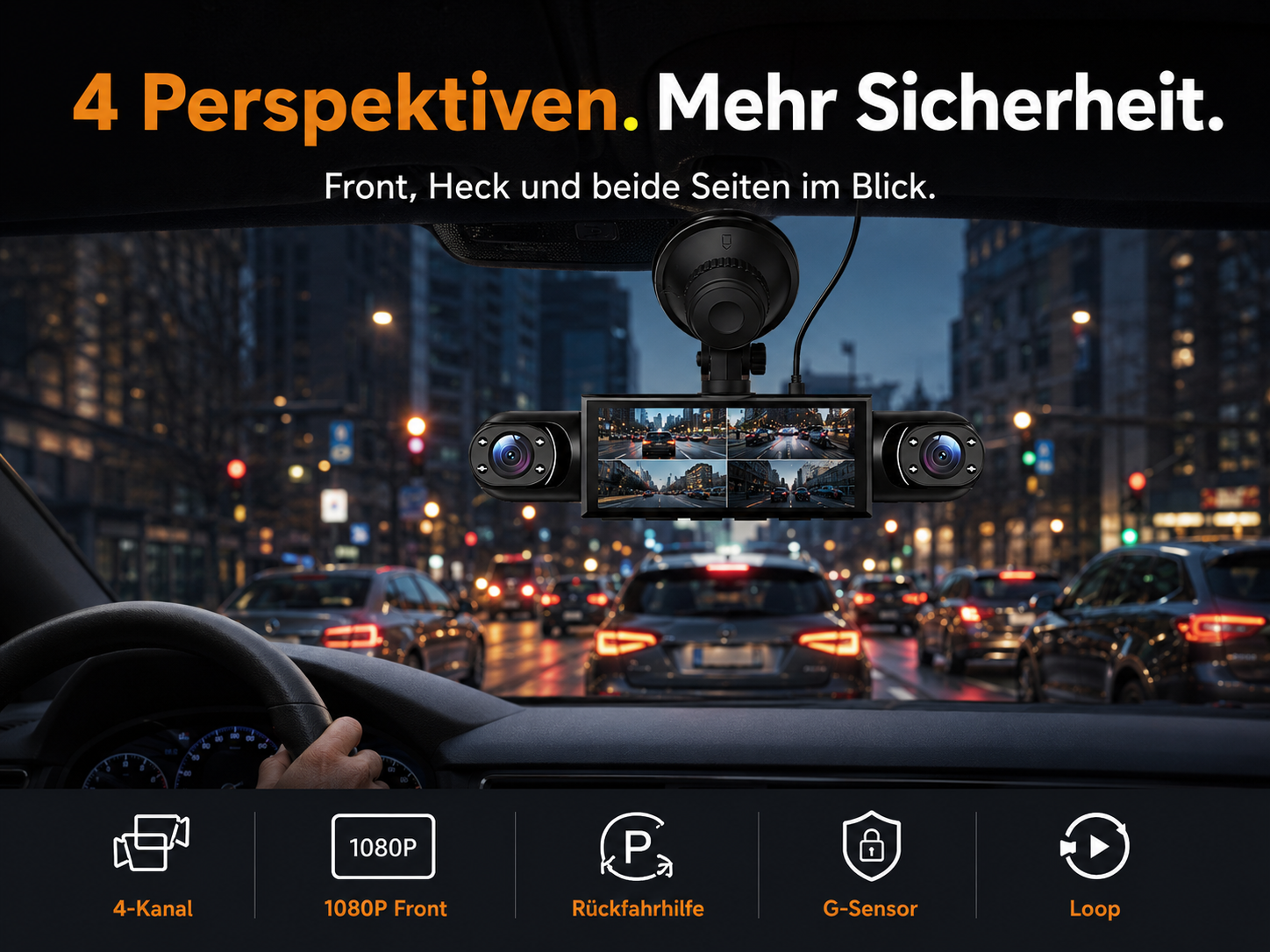 Innenansicht eines Autos mit Dashcam, die vier Ansichten zeigt. Stadt bei Nacht.
