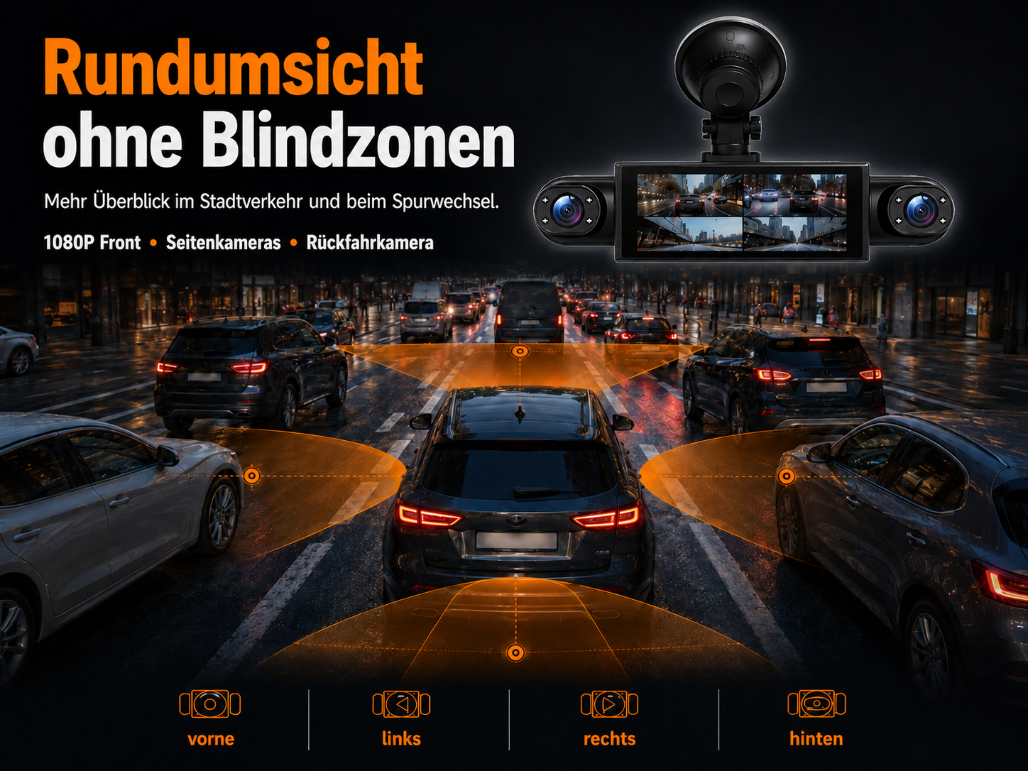 360 Grad Ansicht eines Autos mit Kameras und Verkehr
