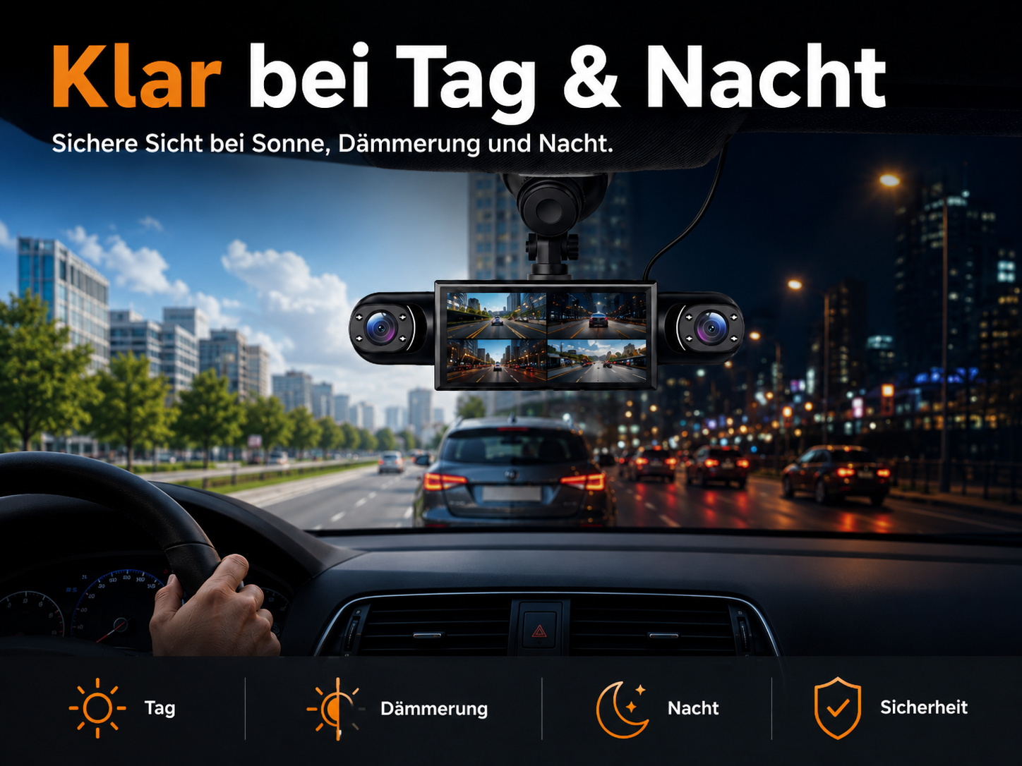 Dashcam mit Display, zeigt Tag- und Nachtszenen. Innensicht eines Autos.