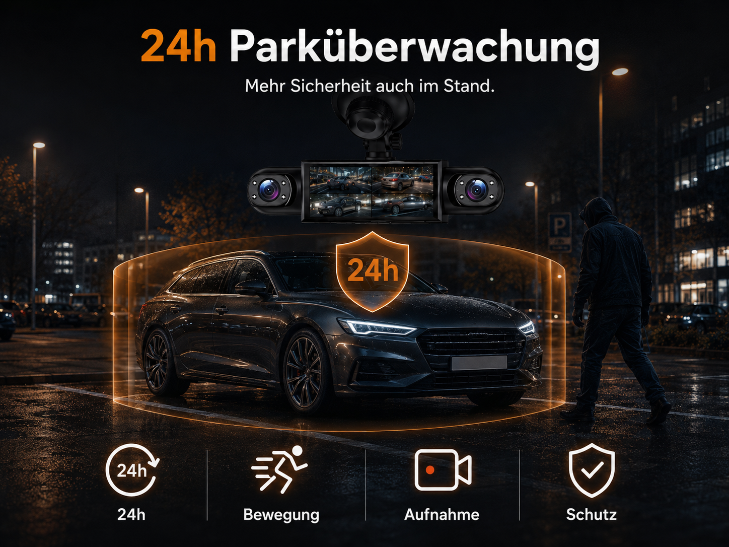 Ein Auto wird nachts von einer Überwachungskamera und einem Schattenmann beobachtet.