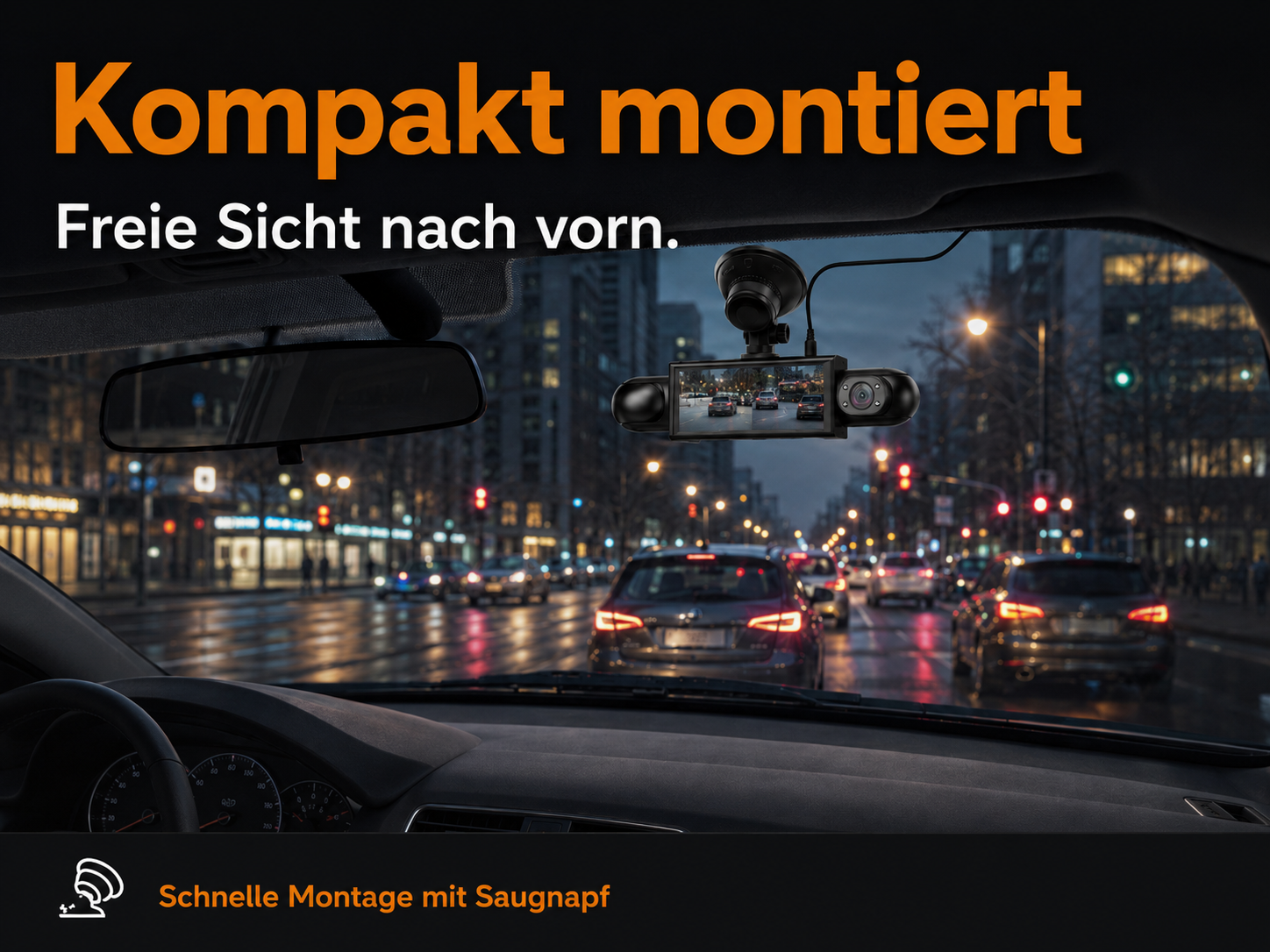 Autoinnenraum mit montierter Dashcam, Blick auf Stadtstraße bei Nacht.