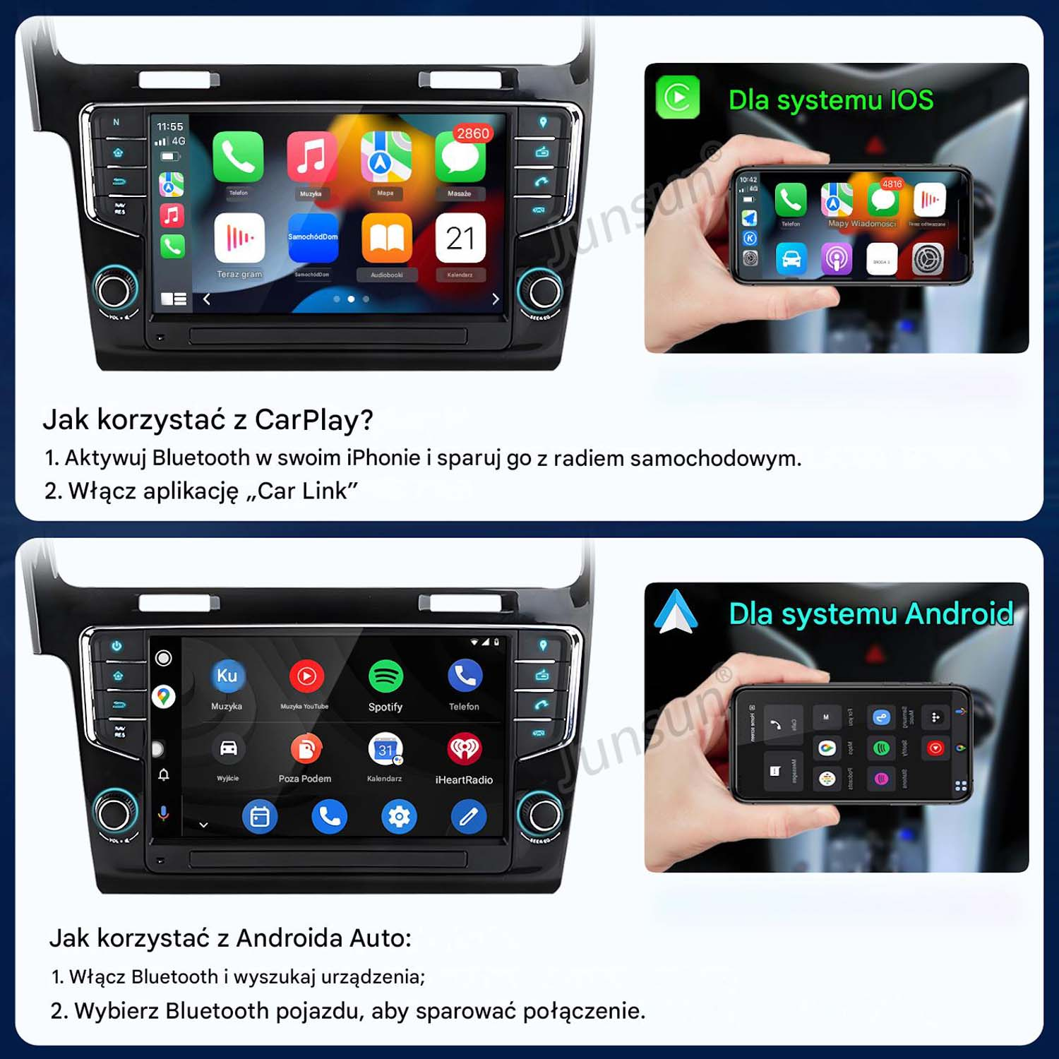 Ekran pokazuje CarPlay i Android Auto na systemach samochodowych i smartfonach.