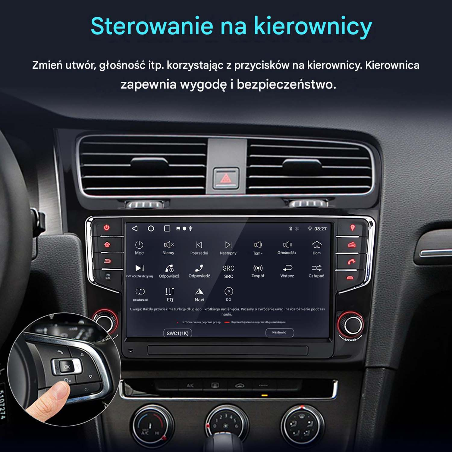 Samochodowy system infotainment z przyciskami i ekranem dotykowym, widoczne sterowanie kierownicą.