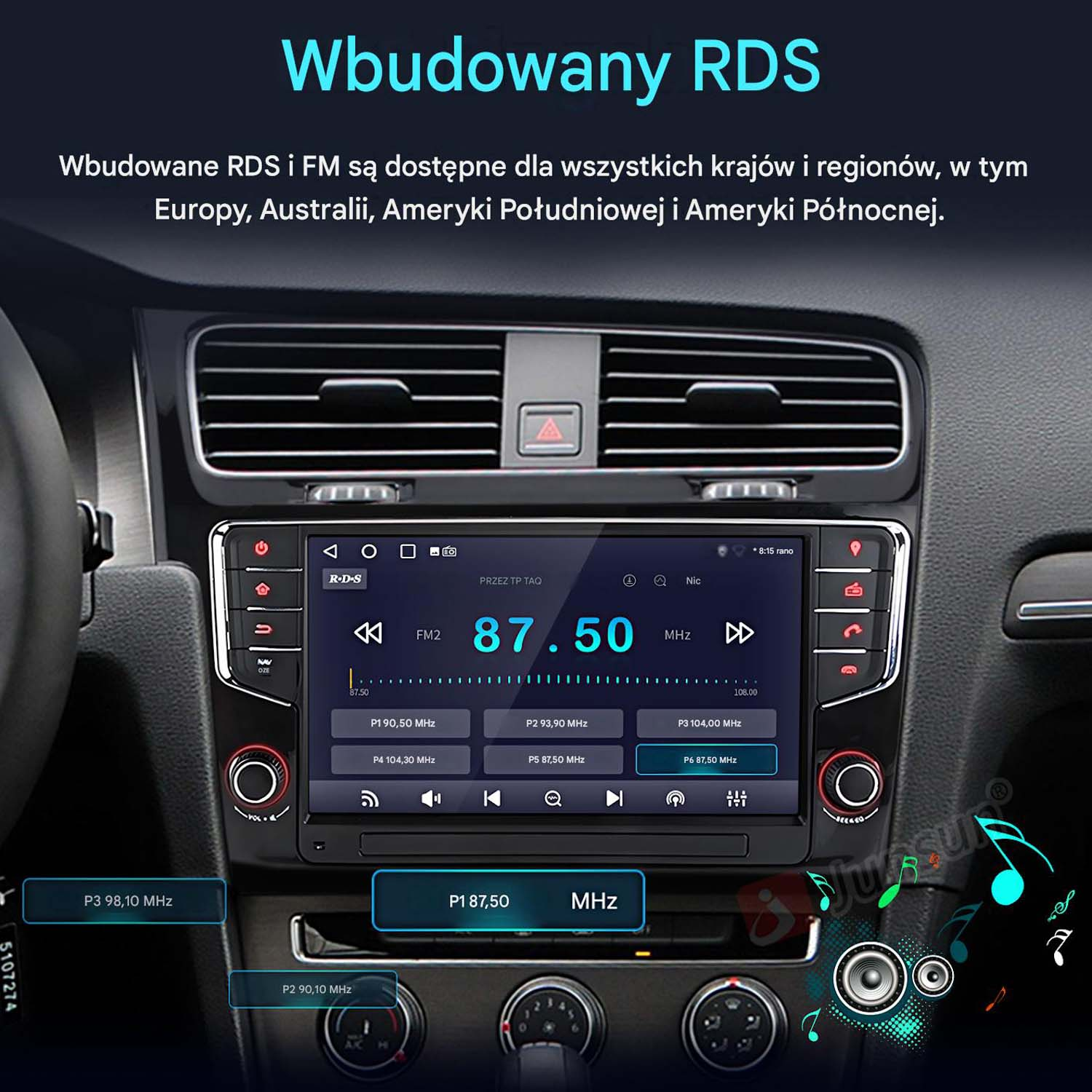 Deska rozdzielcza samochodu z radiem dotykowym wyświetlającym stacje i częstotliwości. Wbudowany RDS i FM dostępne.