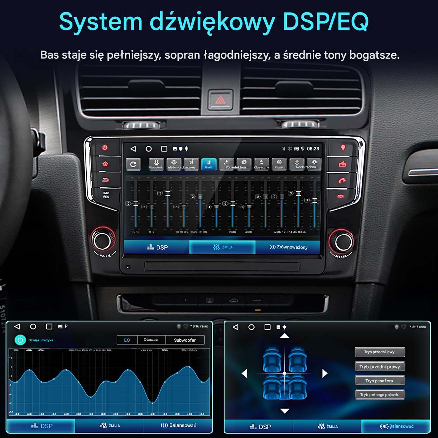 Radio samochodowe z ustawieniami DSP/EQ, wykresem korektora i układem głośników.