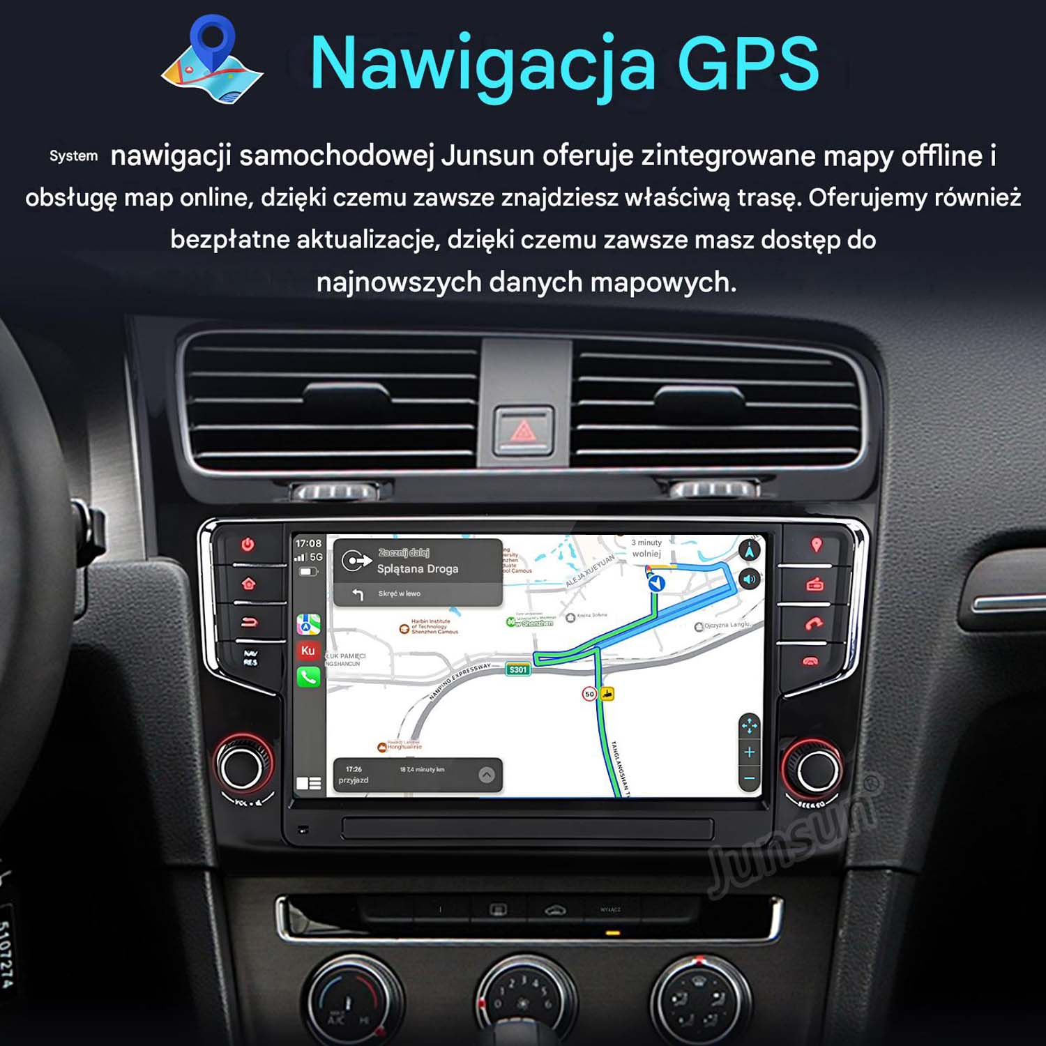 Samochodowy system nawigacji GPS z mapą online i offline oraz wskazówkami trasy.