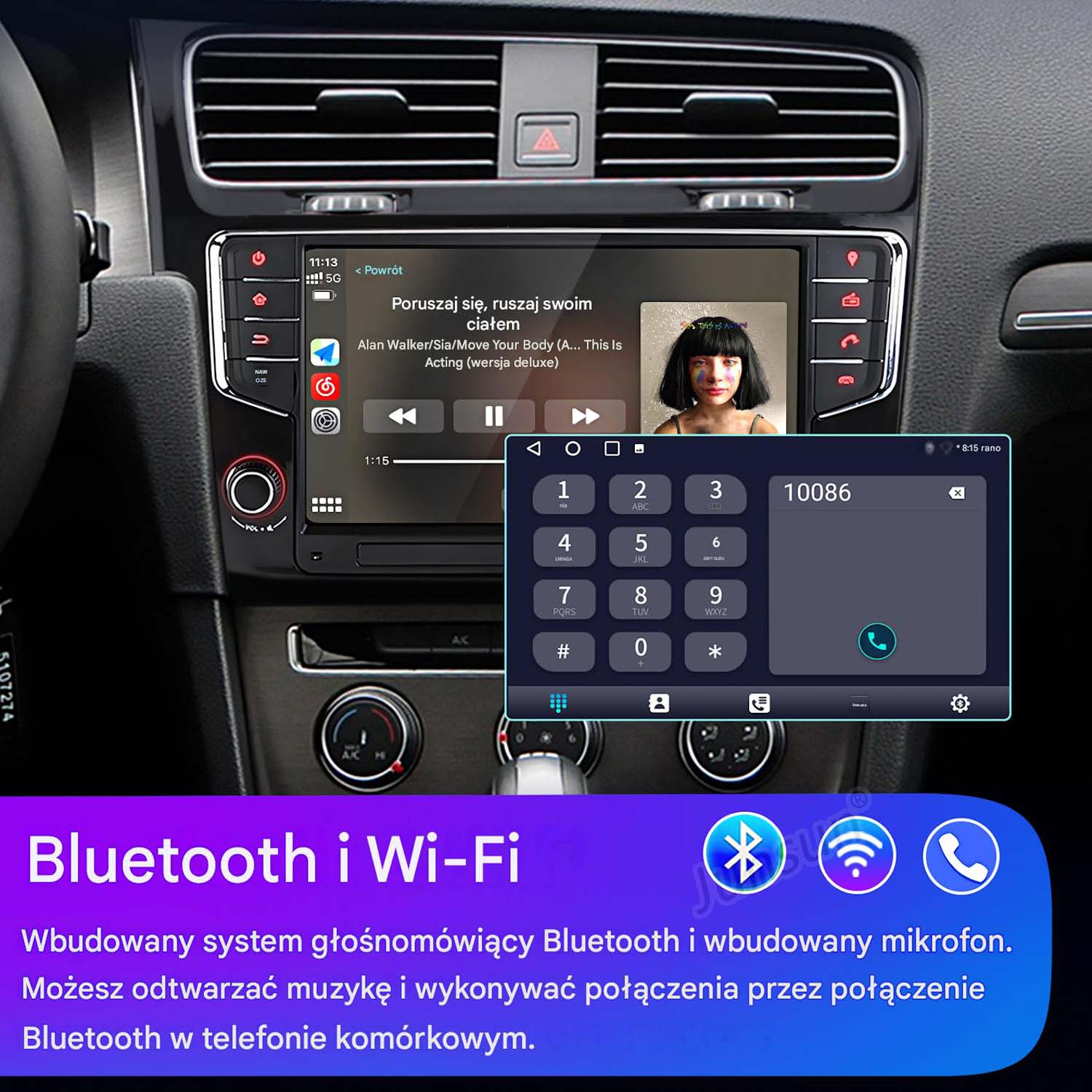 Radio samochodowe z ekranem dotykowym, wyświetlające muzykę i telefon. Ikony Bluetooth poniżej.