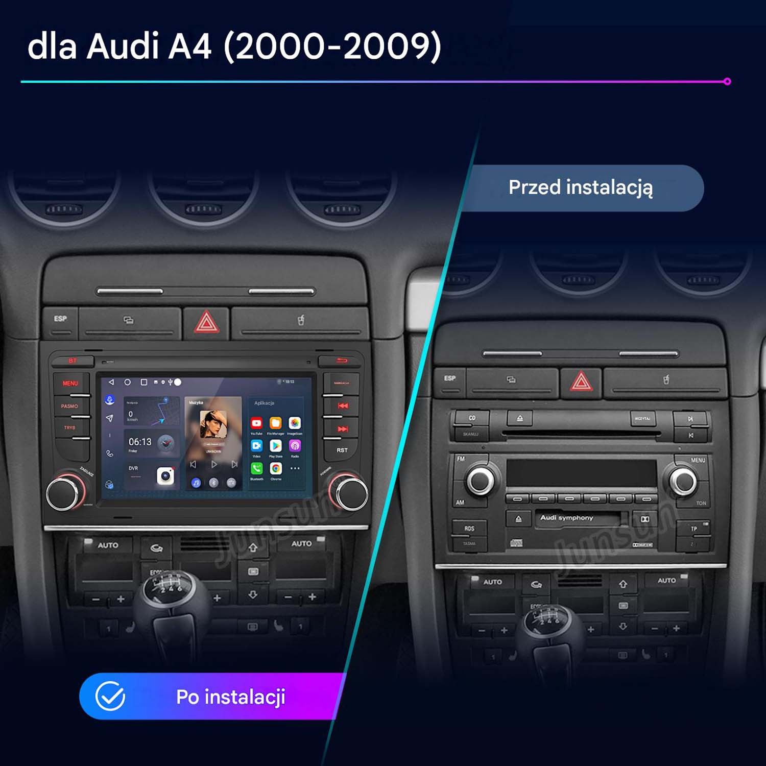 Porównanie przed/po: radio samochodowe Audi A4 (2000-2009).