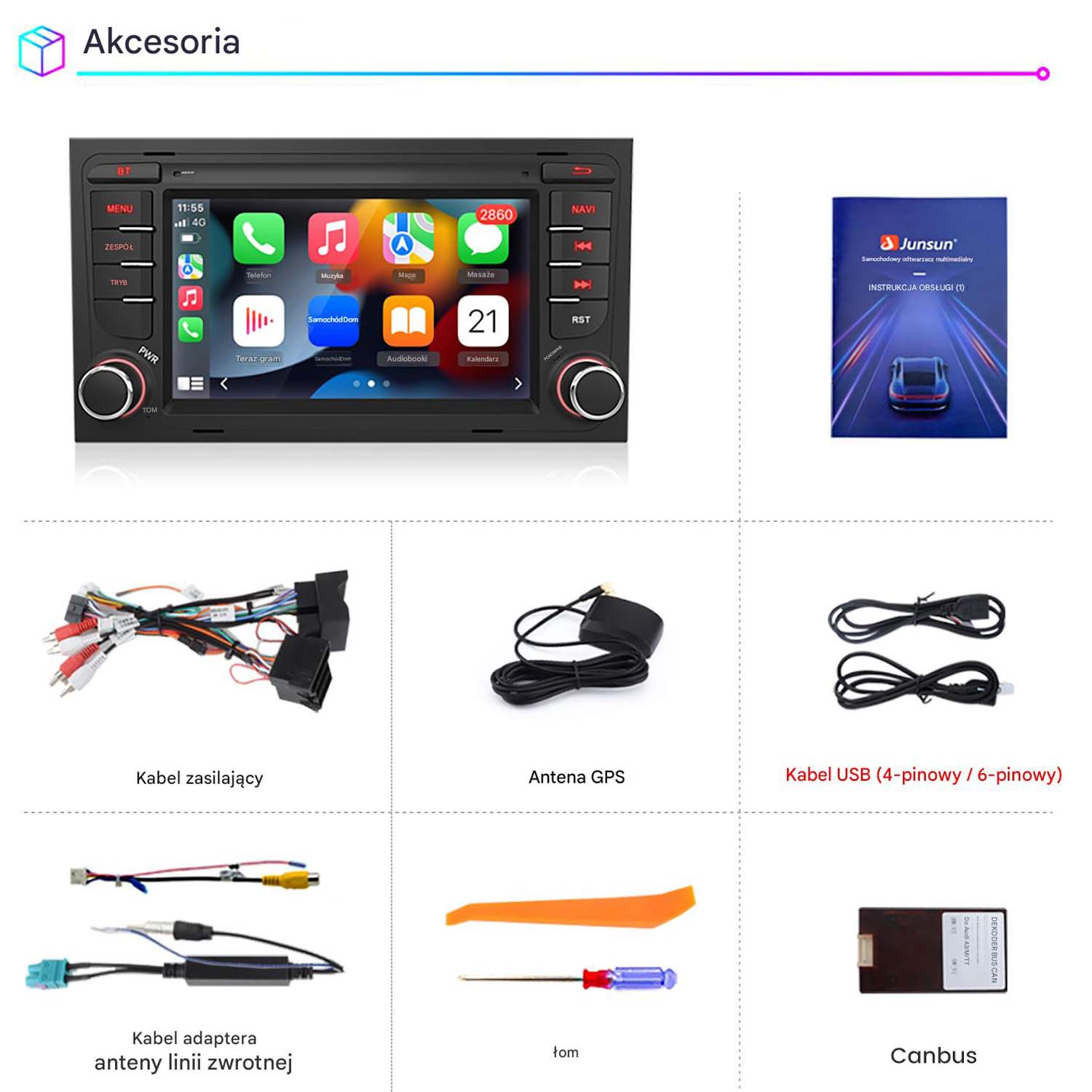 Radio samochodowe z ekranem dotykowym, kablami, anteną, kablem USB, narzędziem i Canbus.