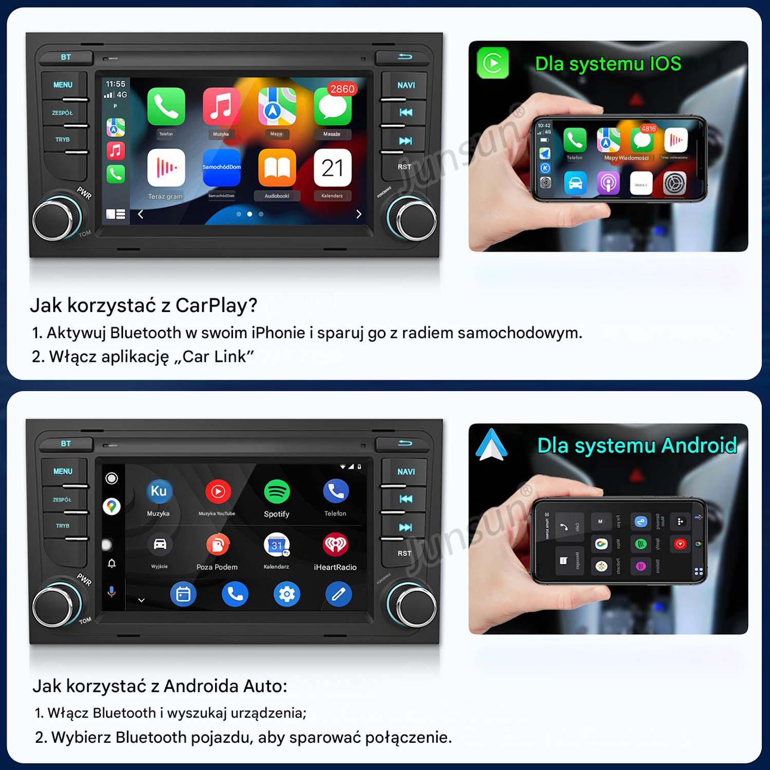 Samochody z Apple CarPlay i Android Auto: Ekran pokazuje aplikacje i podłączony smartfon.