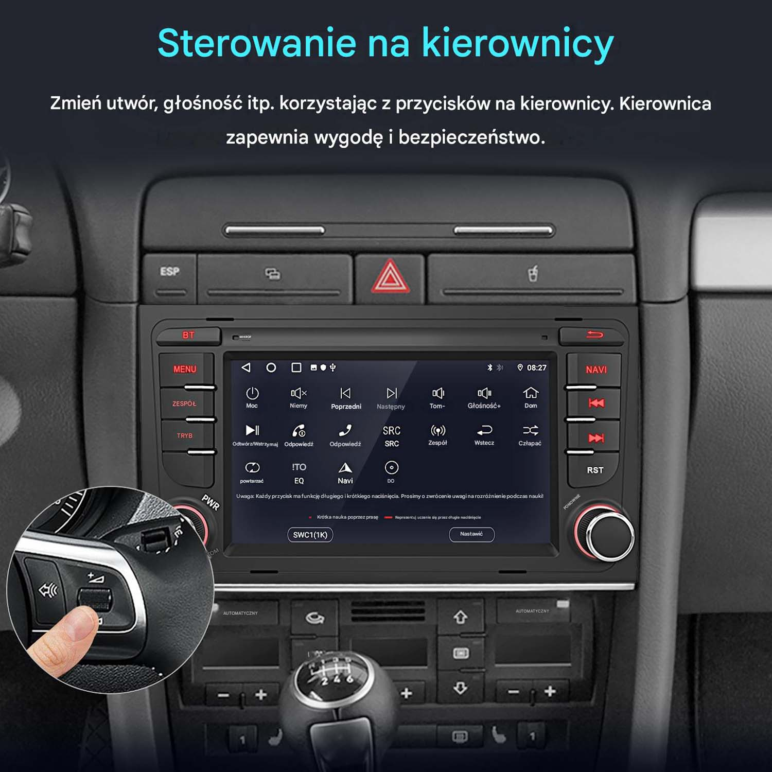 Palec naciska przycisk na kierownicy samochodu, widoczny jest system infotainment.