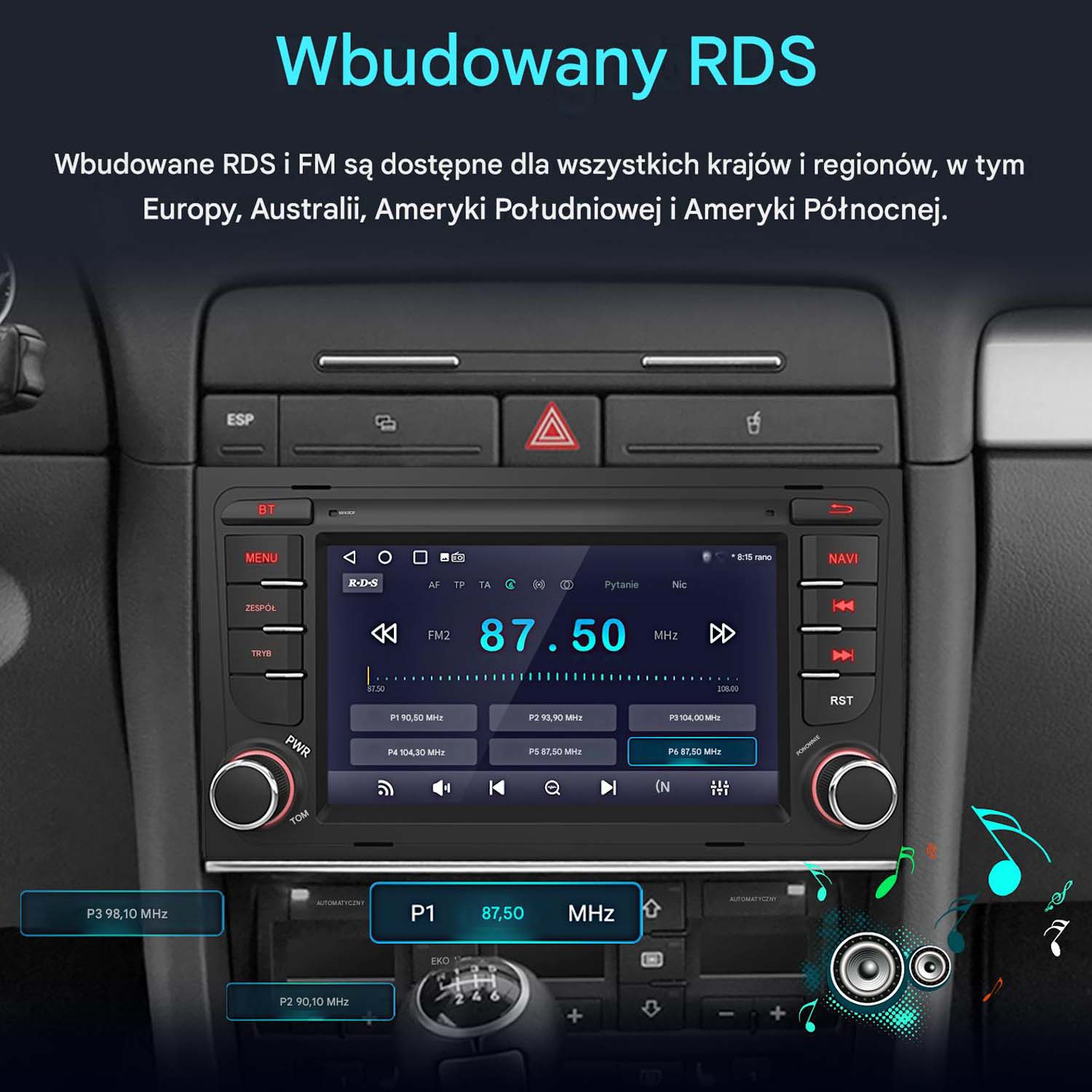 Deska rozdzielcza samochodu z radiem, pokazuje FM2 87,50 MHz i zaprogramowane stacje.