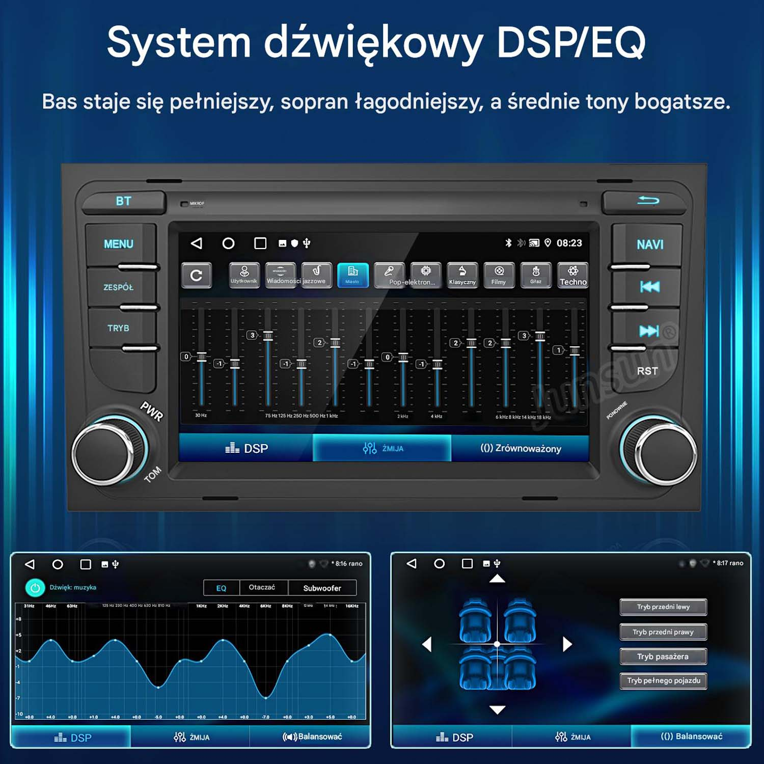 Radio samochodowe z ustawieniami DSP/EQ, krzywymi korektora i trybami dźwięku.