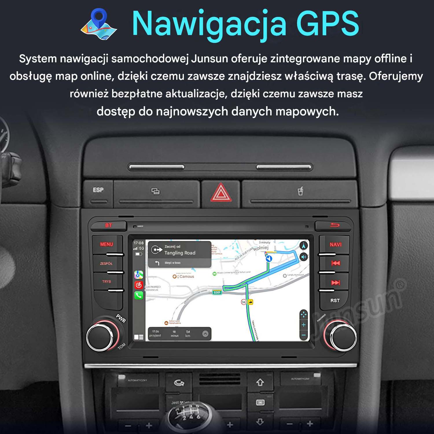 Samochodowy system nawigacji z wyświetlaczem GPS, pokazujący trasy i informacje o ruchu.