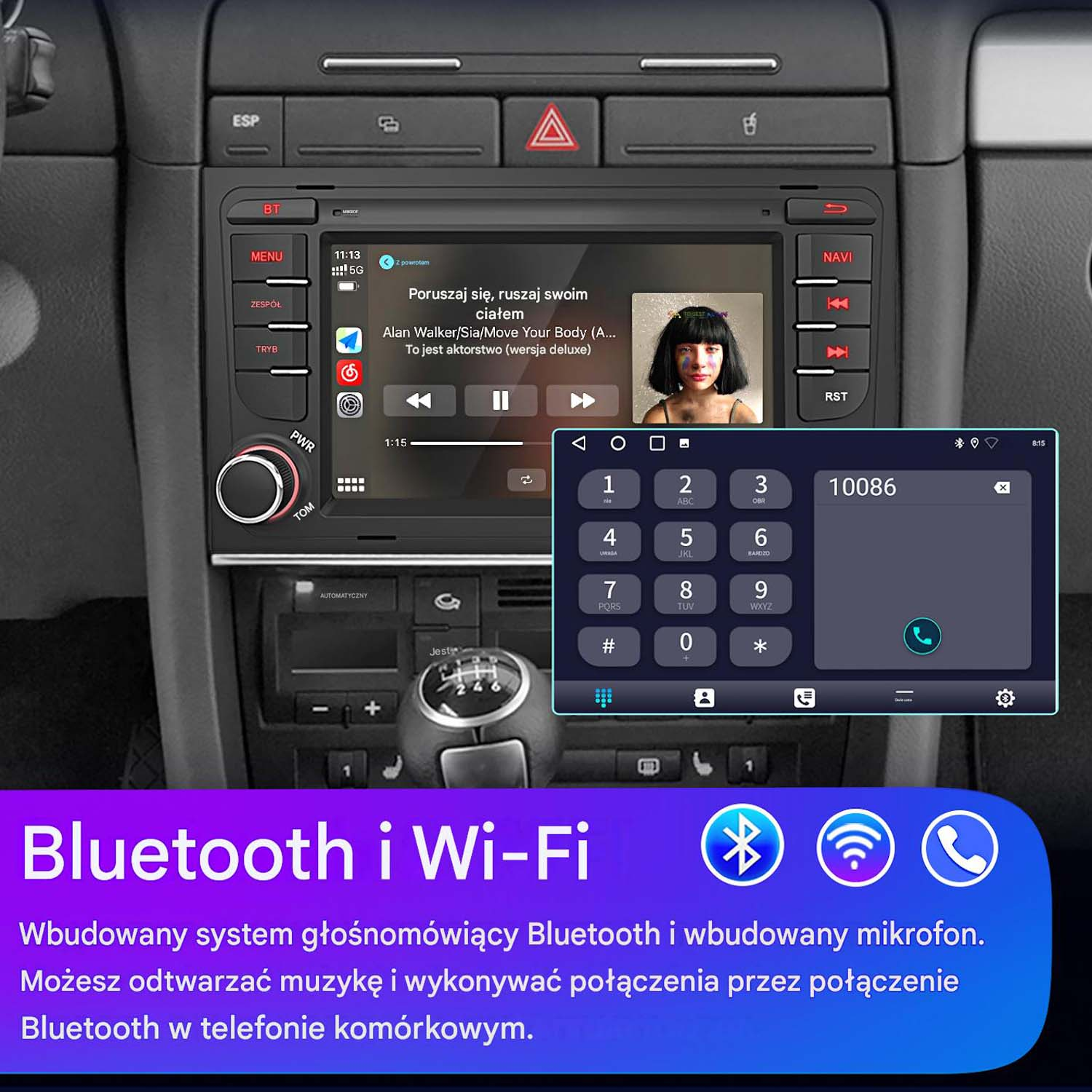 Wnętrze samochodu z systemem infotainment wyświetlającym muzykę i telefon.