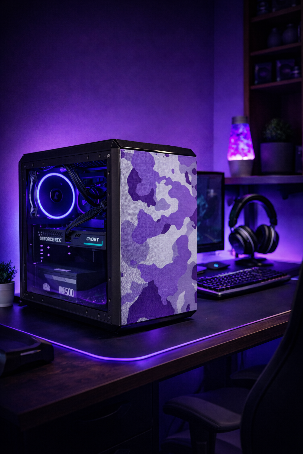 Fioletowa obudowa PC w kamuflażu świeci niebieskim światłem od wewnątrz na biurku.