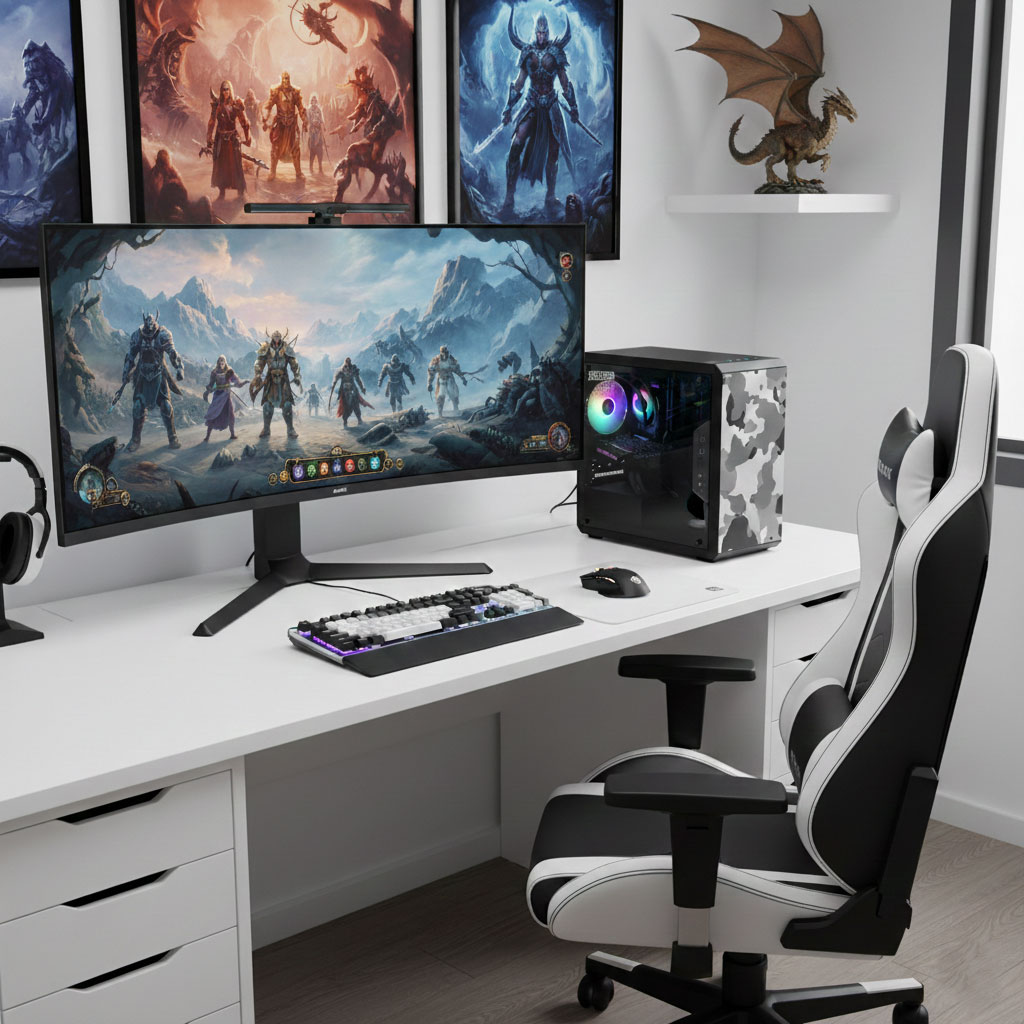 Zestaw do gier z dużym monitorem wyświetlającym postacie fantasy, komputerem, klawiaturą, myszą i krzesłem.