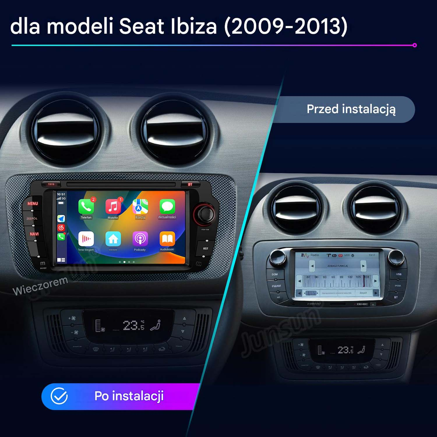 Porównanie przed i po instalacji radia samochodowego Seat Ibiza z ekranem dotykowym.
