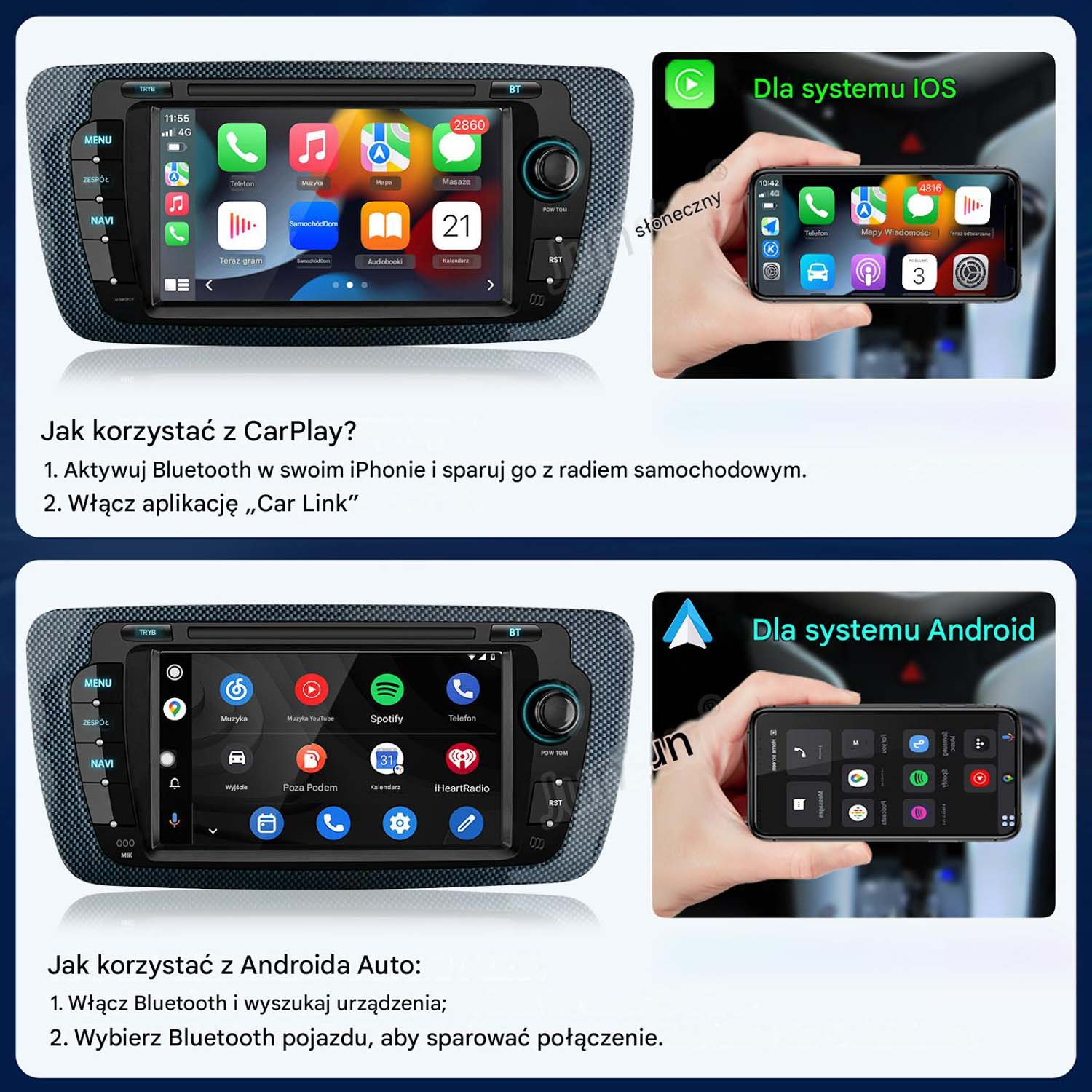 Pokazano dwa systemy infotainmentu samochodowego, jeden dla iOS i jeden dla Androida.