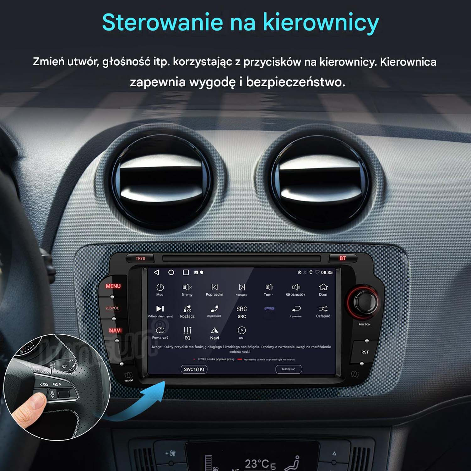 Panel sterowania na kierownicy z radiem dotykowym i nawiewami.