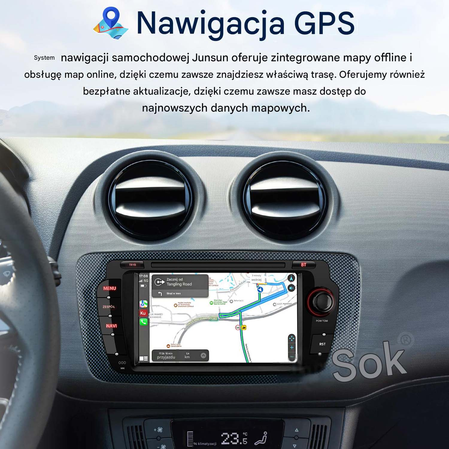 Deska rozdzielcza samochodu z systemem nawigacji GPS wyświetlającym mapę.