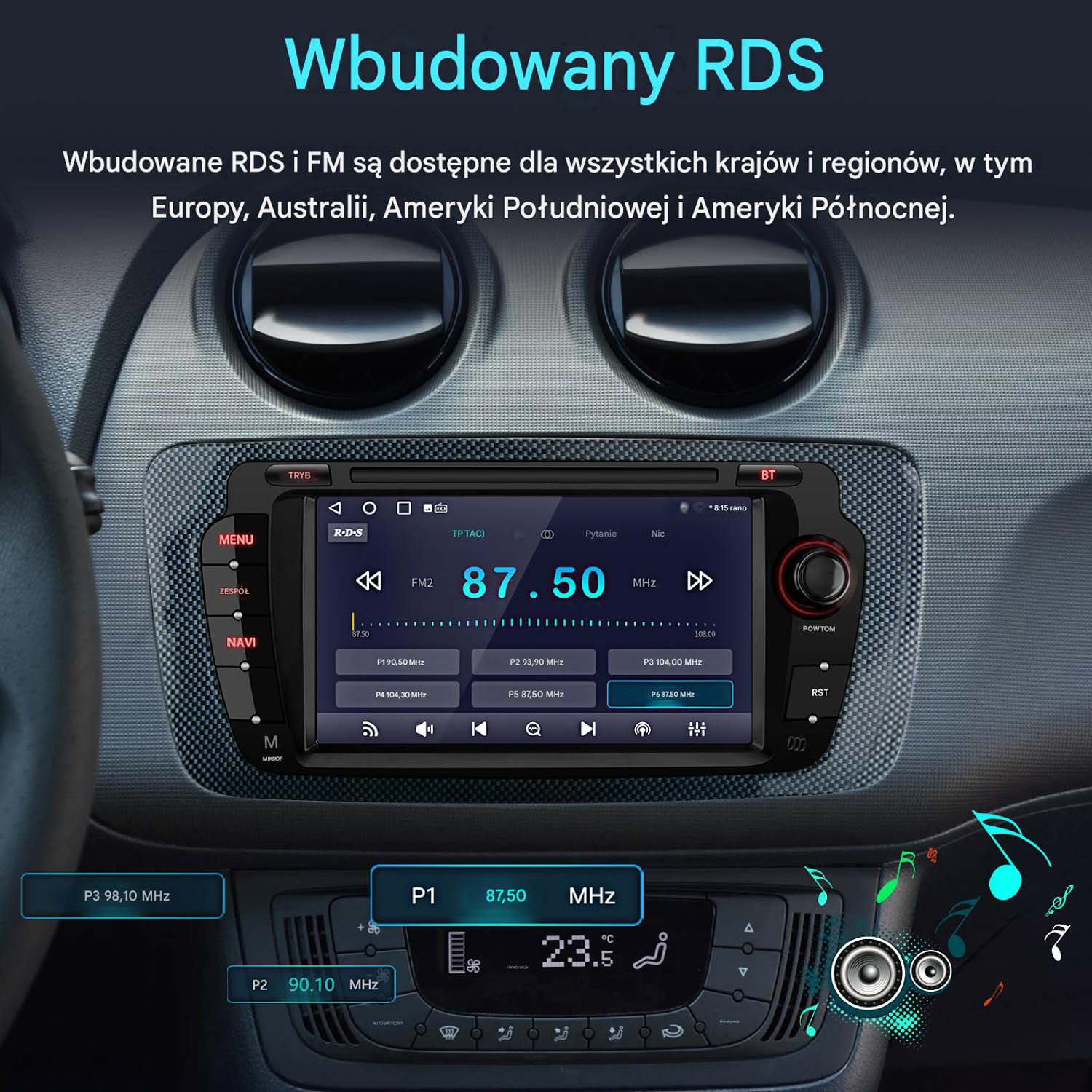 Deska rozdzielcza samochodu z ekranem multimedialnym pokazującym stacje radiowe.
