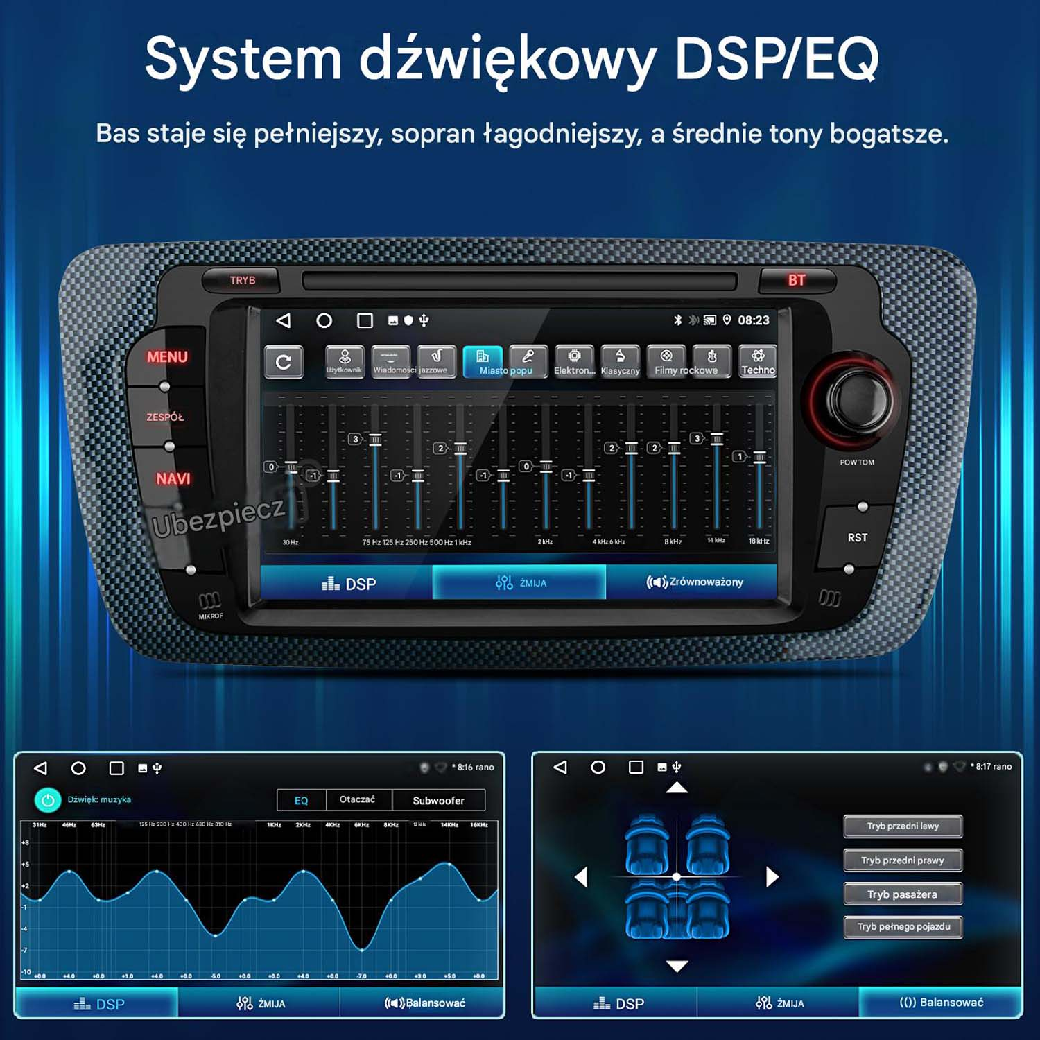 System infotainmentu samochodowego pokazujący ustawienia DSP/EQ, wykresy korektora i tryby dźwięku.