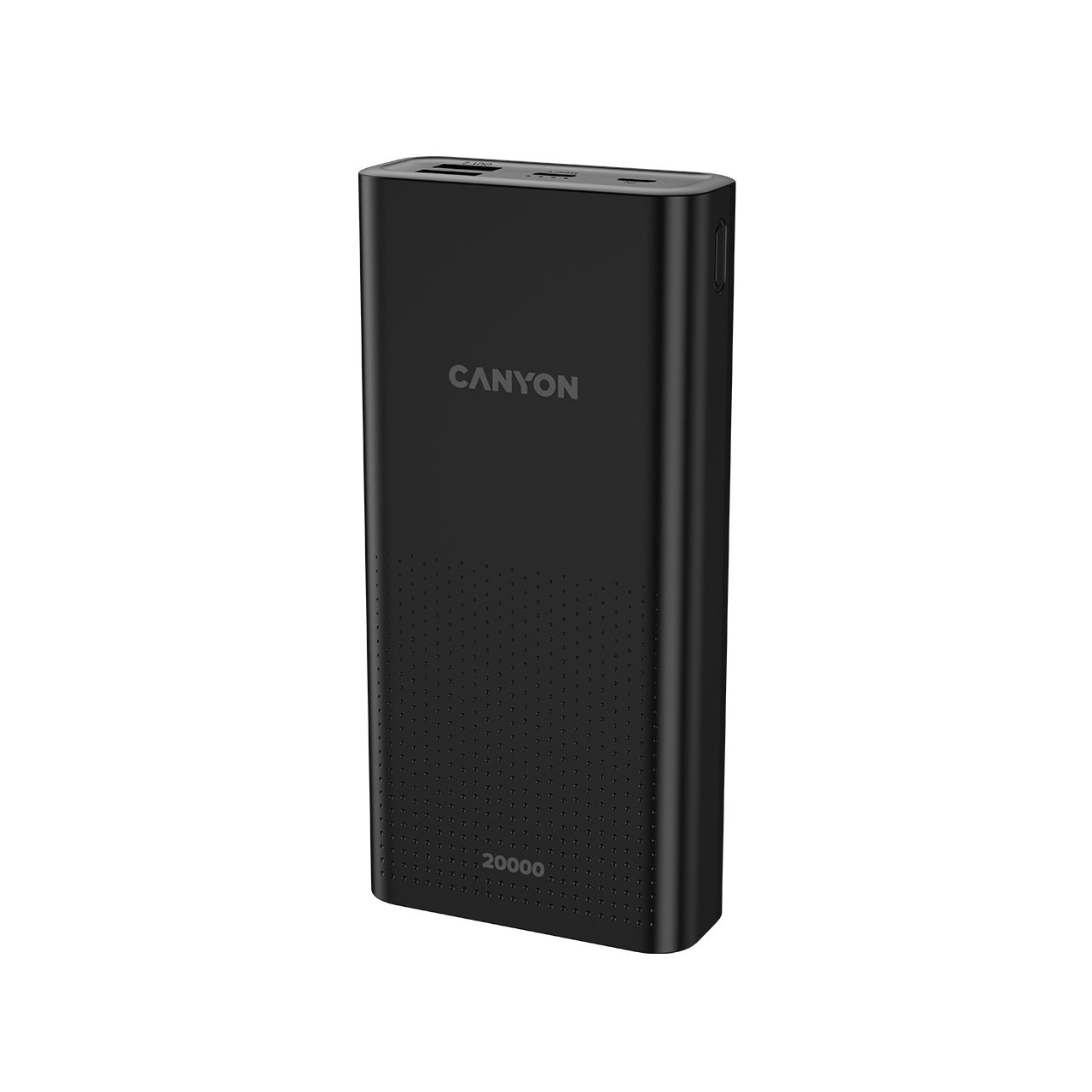Czarny power bank Canyon 20000 mAh, porty USB na górze.