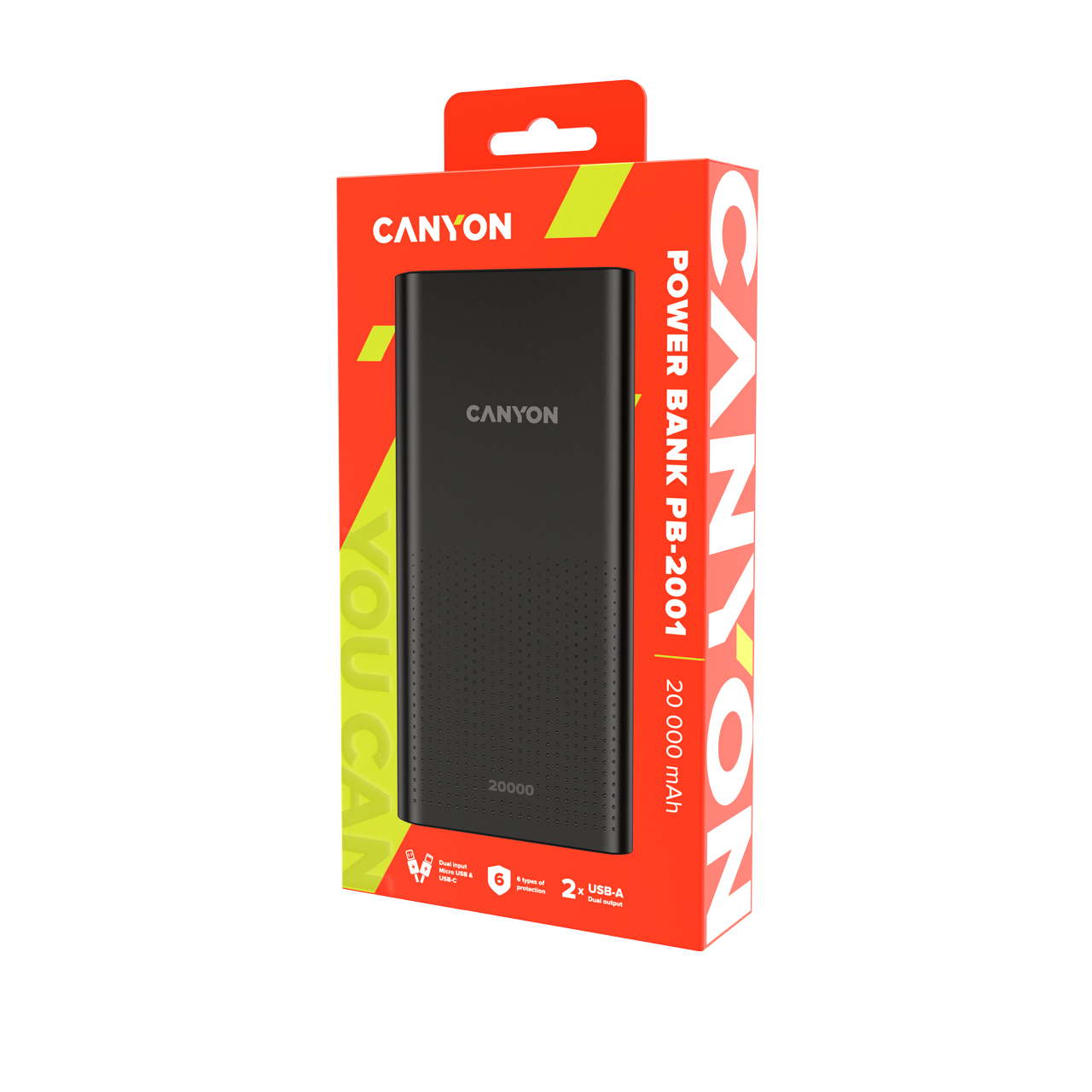 Czarna Power Bank Canyon PB-2001 20 000 mAh w pomarańczowym opakowaniu.