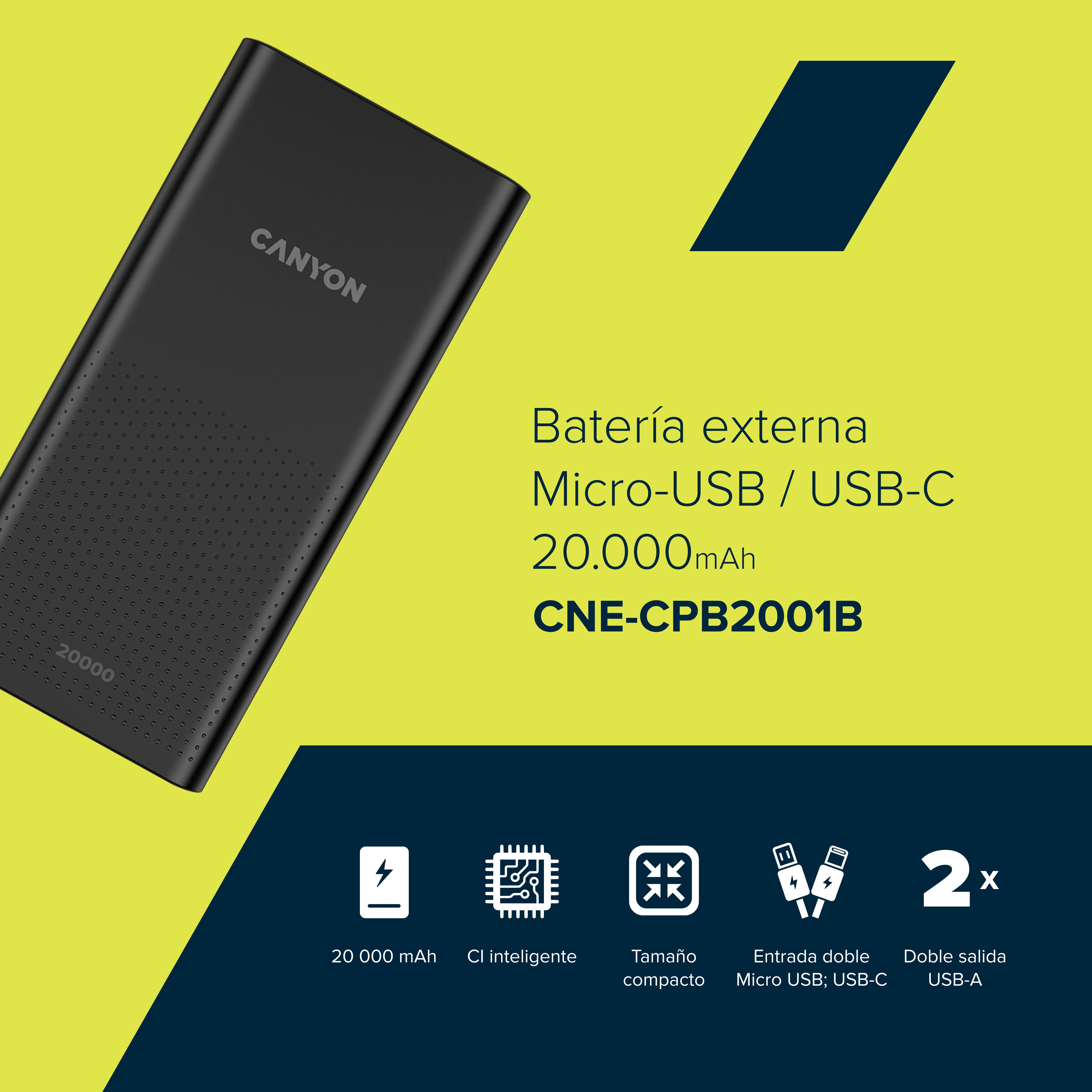 Czarny power bank Canyon 20 000 mAh, Micro-USB/USB-C.
