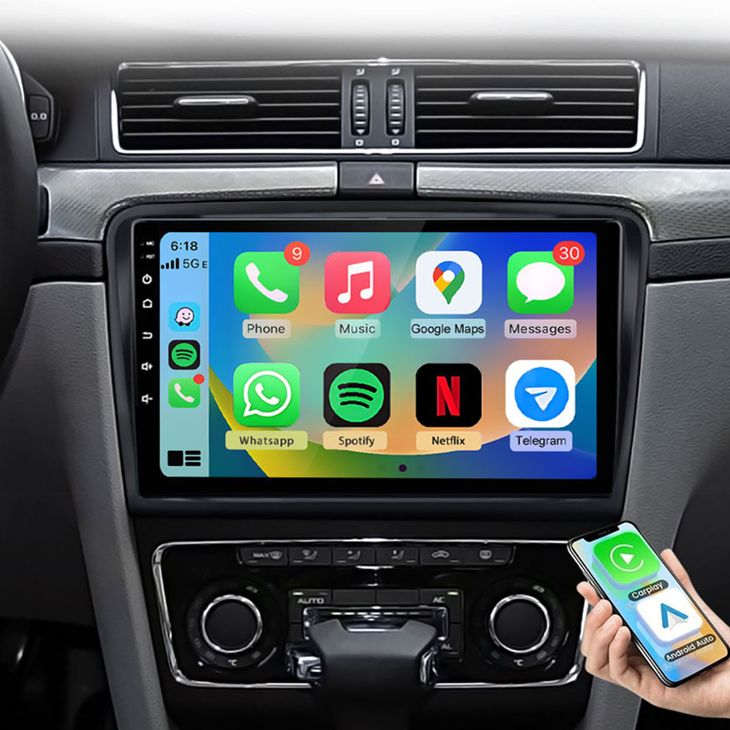 Smartfon wyświetla CarPlay i Android Auto. W tle radio samochodowe z ikonami aplikacji.