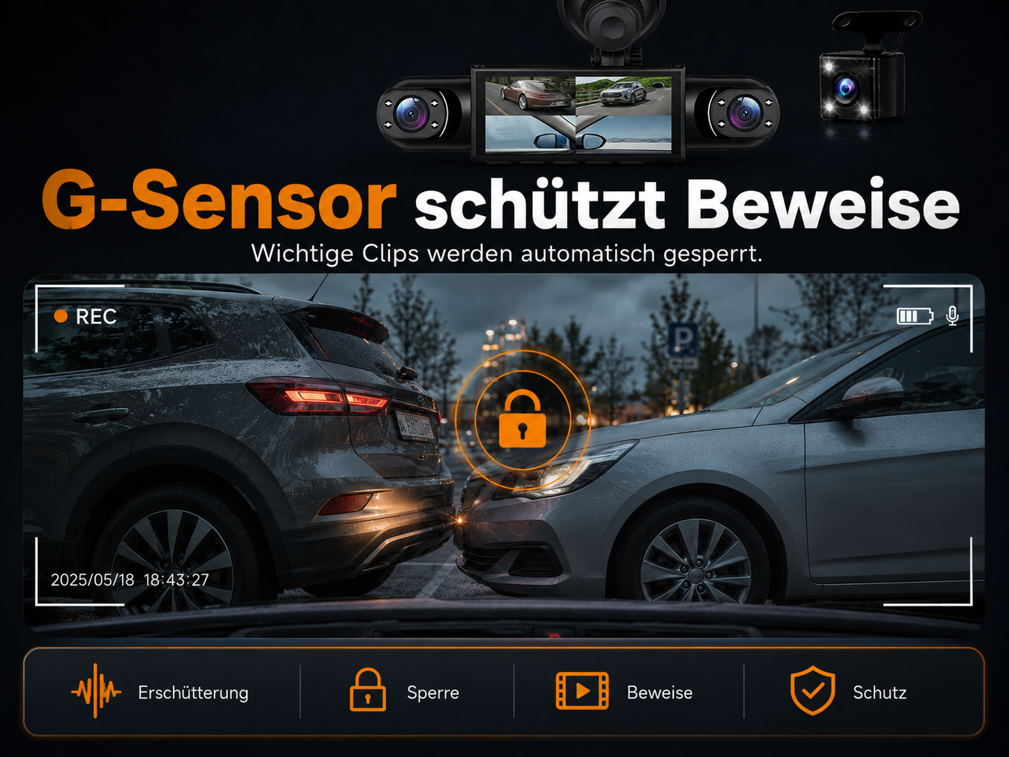 Dashcam zeigt zwei Autos, G-Sensor schützt Beweise. Aufnahme läuft.
