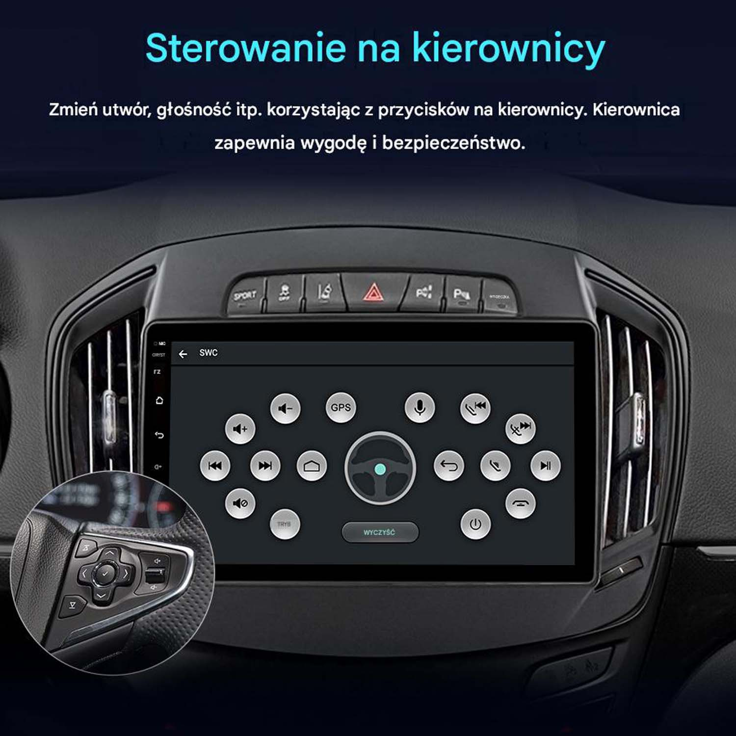 Ekran multimedialny samochodu pokazuje sterowanie z kierownicy i kierownicę.