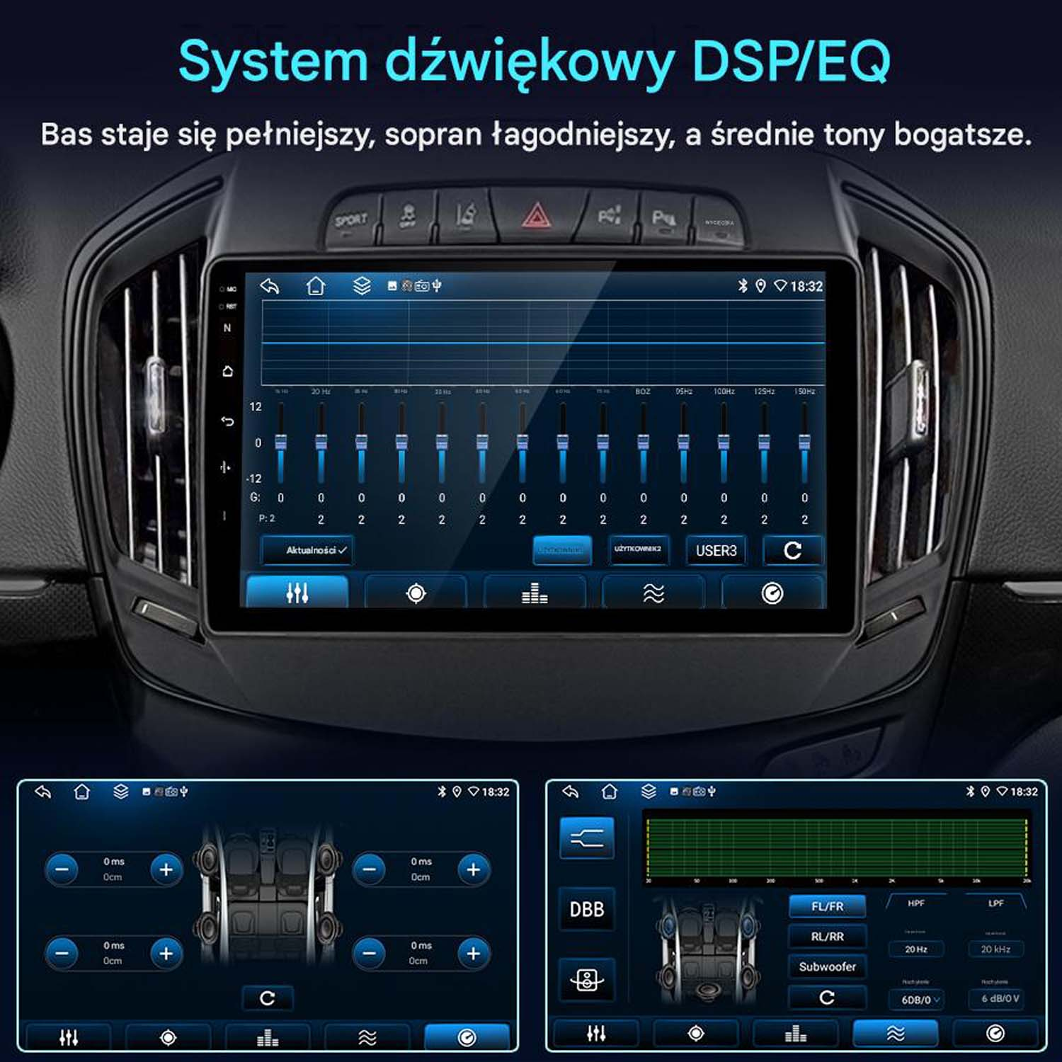 System infotainment samochodu pokazujący ustawienia EQ i DSP w wielu widokach.
