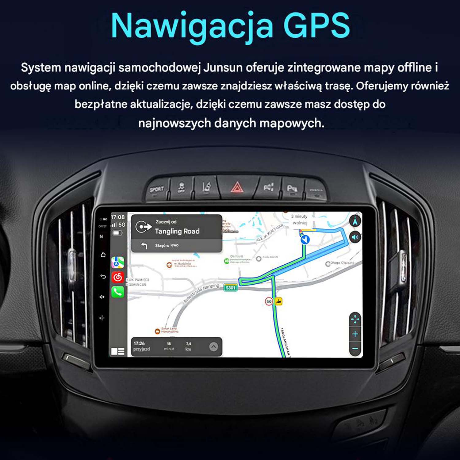 Deska rozdzielcza samochodu z ekranem nawigacji GPS pokazującym trasę.
