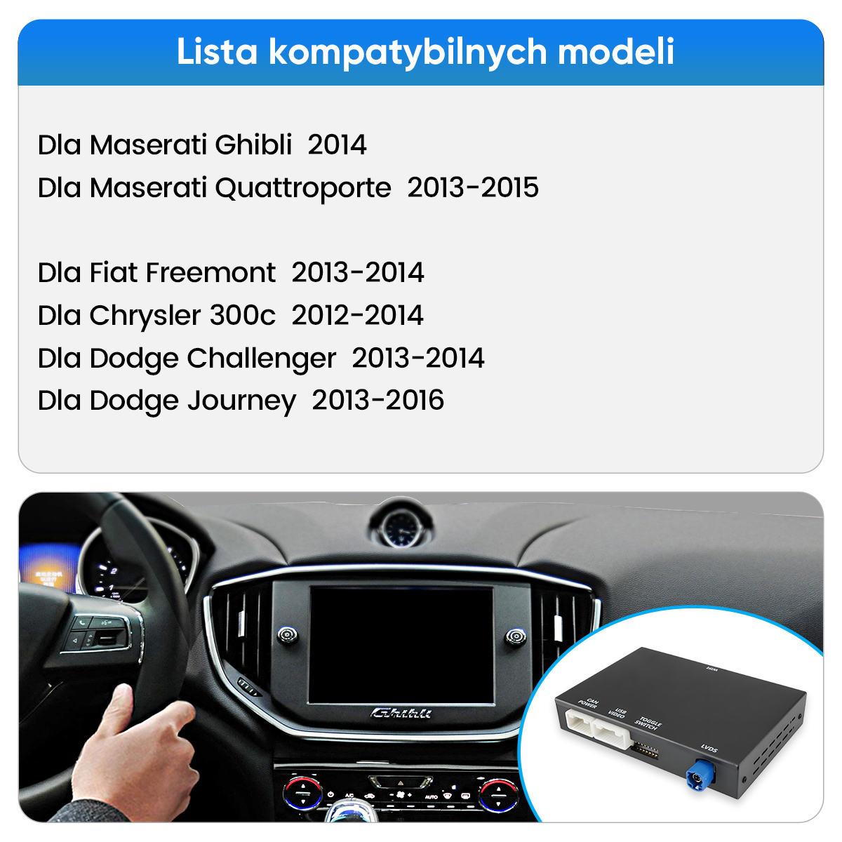 Lista kompatybilnych modeli, deska rozdzielcza samochodu z ekranem i jednostką sterującą.