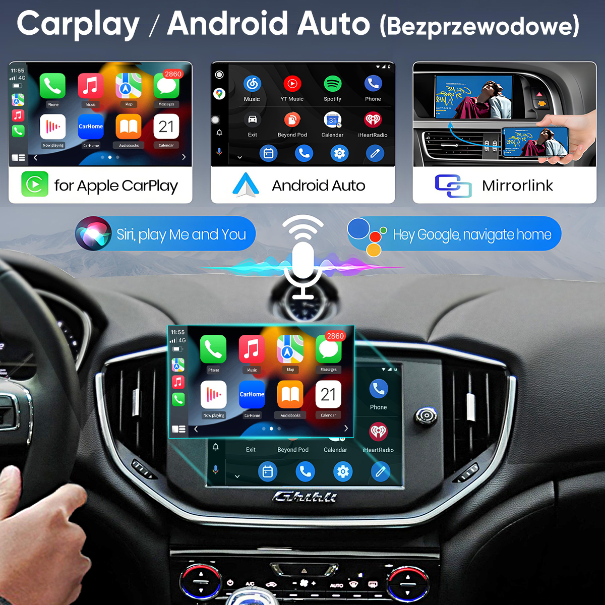 Ekrany samochodowego systemu informacyjno-rozrywkowego: Apple CarPlay, Android Auto, Mirrorlink.