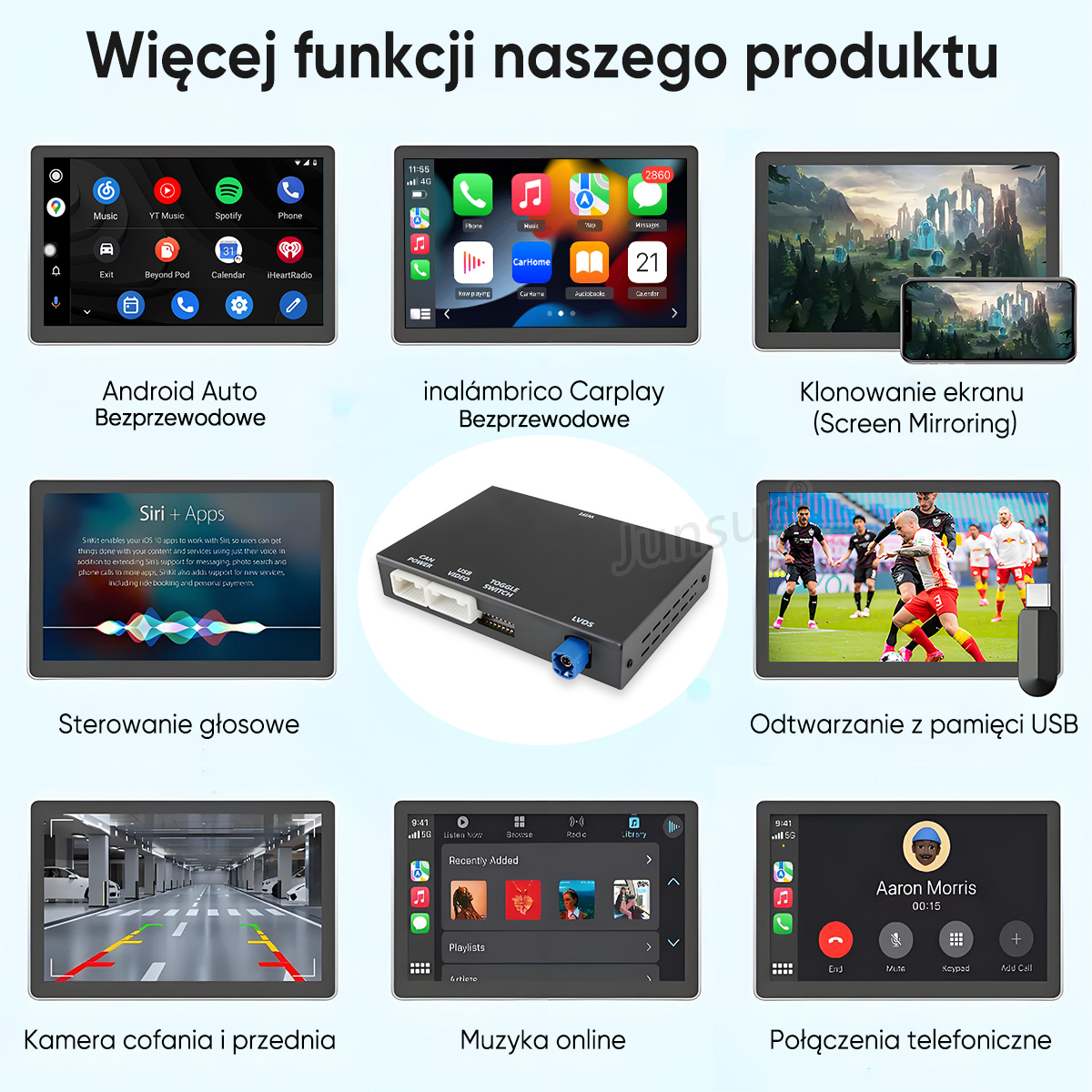 Przegląd produktu pokazujący różne funkcje samochodowe, takie jak Android Auto, Carplay, dublowanie ekranu i inne.