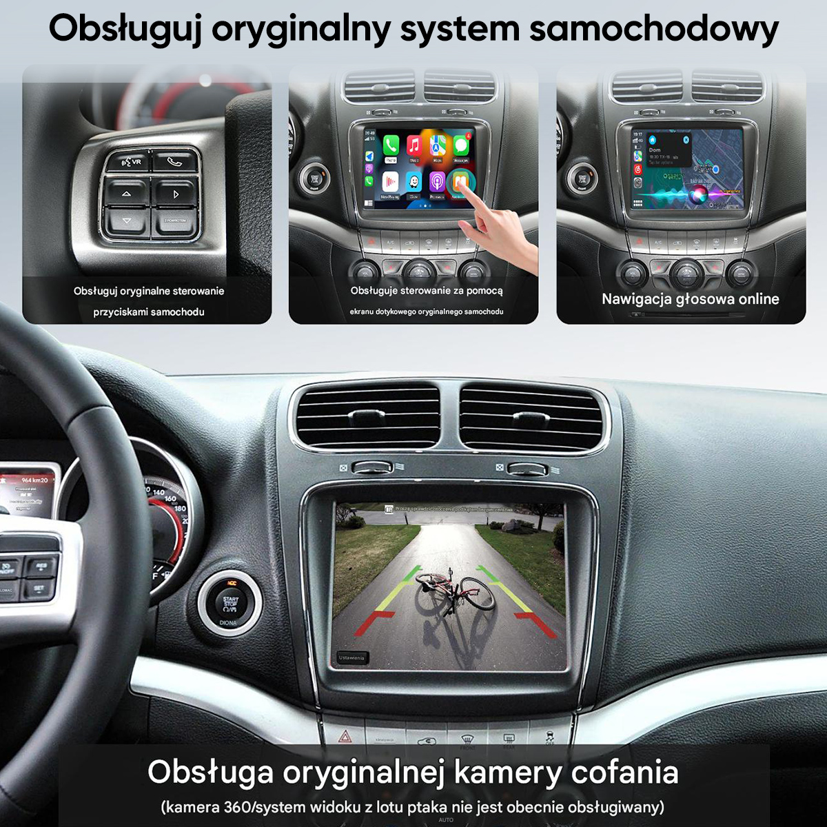 Deska rozdzielcza samochodu z ekranem dotykowym, kierownicą i widokiem kamery cofania.